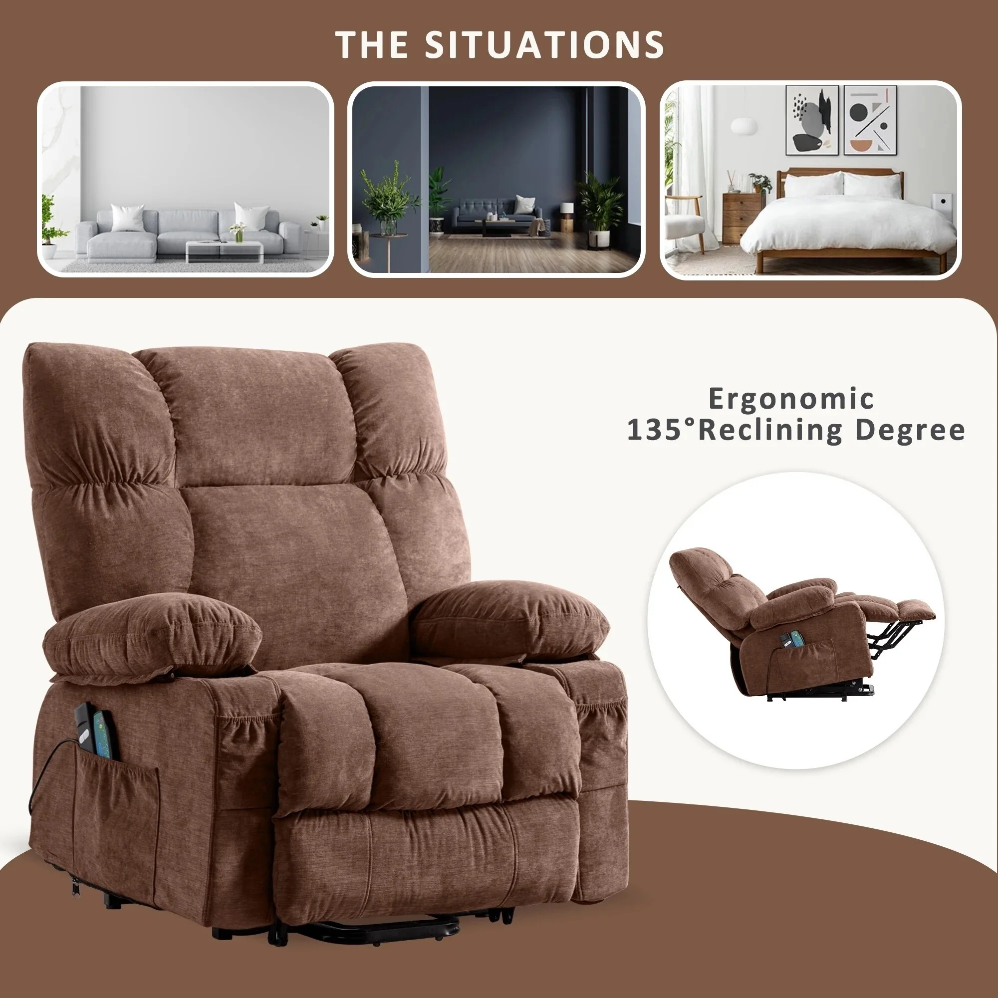 Blue Power Lift Recliner Chair with Heat, Massage, USB Charging, Side Pockets and Remote Control