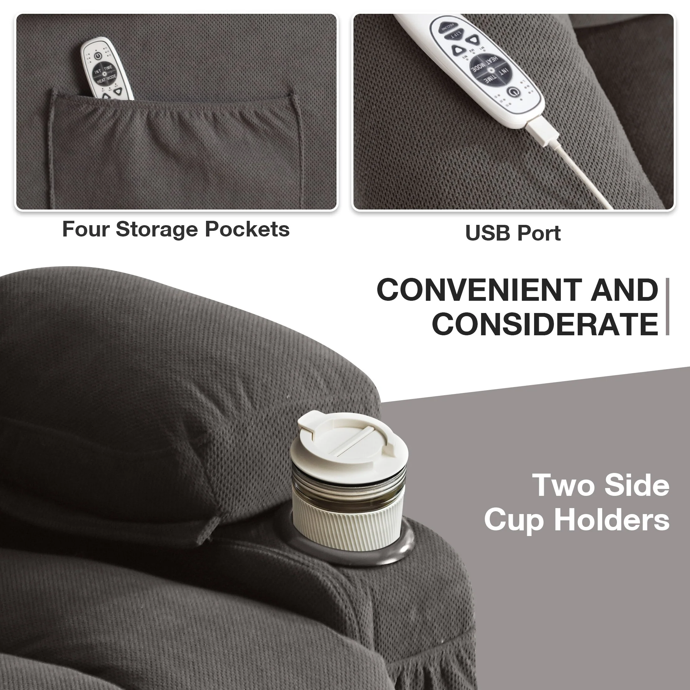 Grey Power Lift Recliner with Heat, Massage, USB, and Remote Control