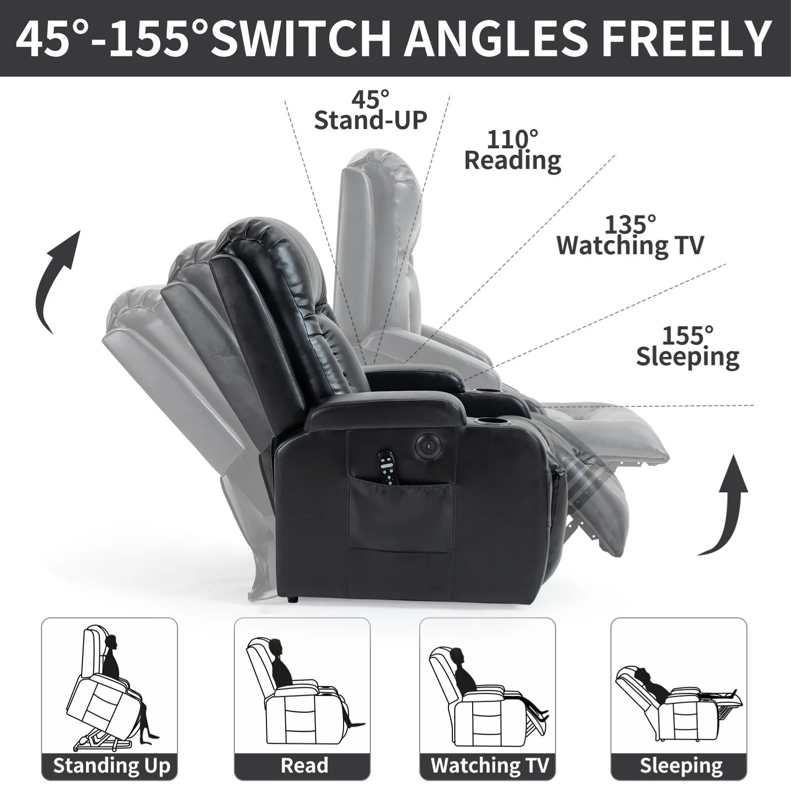 Power Lift Recliner Chair with Massage, Lumbar Heat, USB & Cup Holders