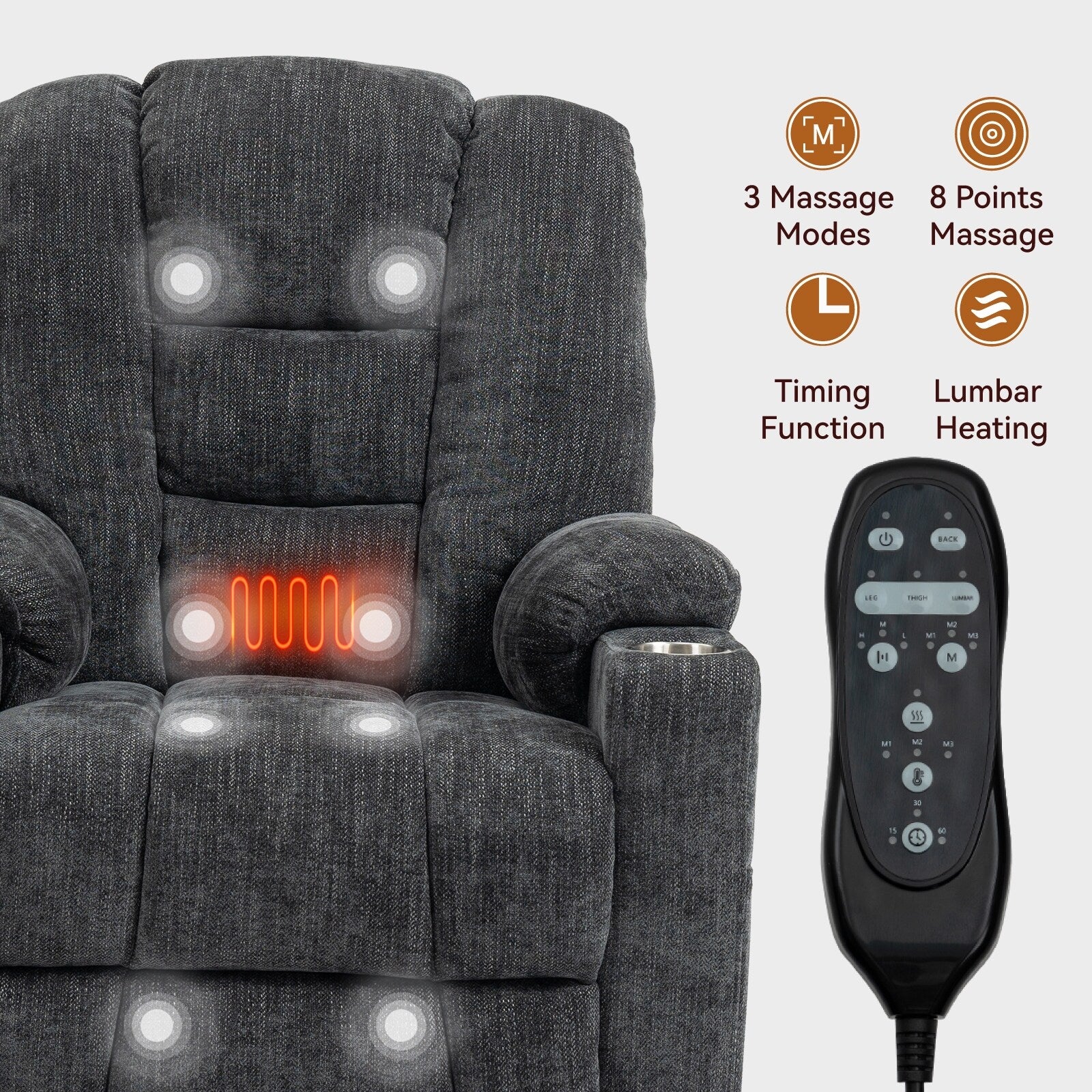 Grey Large Power Lift Recliner with Massage, Heat, USB, and Cup Holders