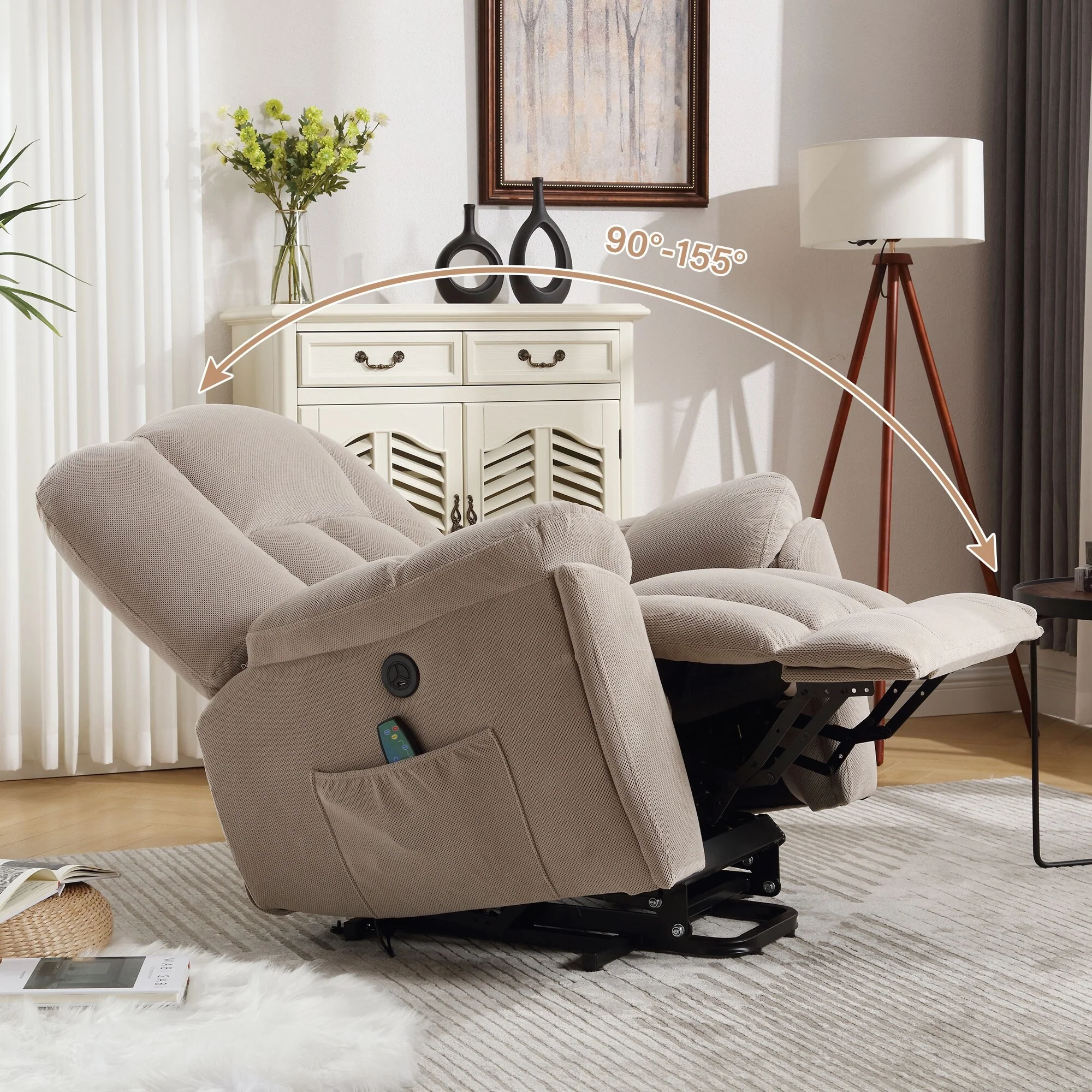 Grey Electric Power Lift Recliner Chair with Heat, Massage, Infinite Position, USB Charging, Side Pockets