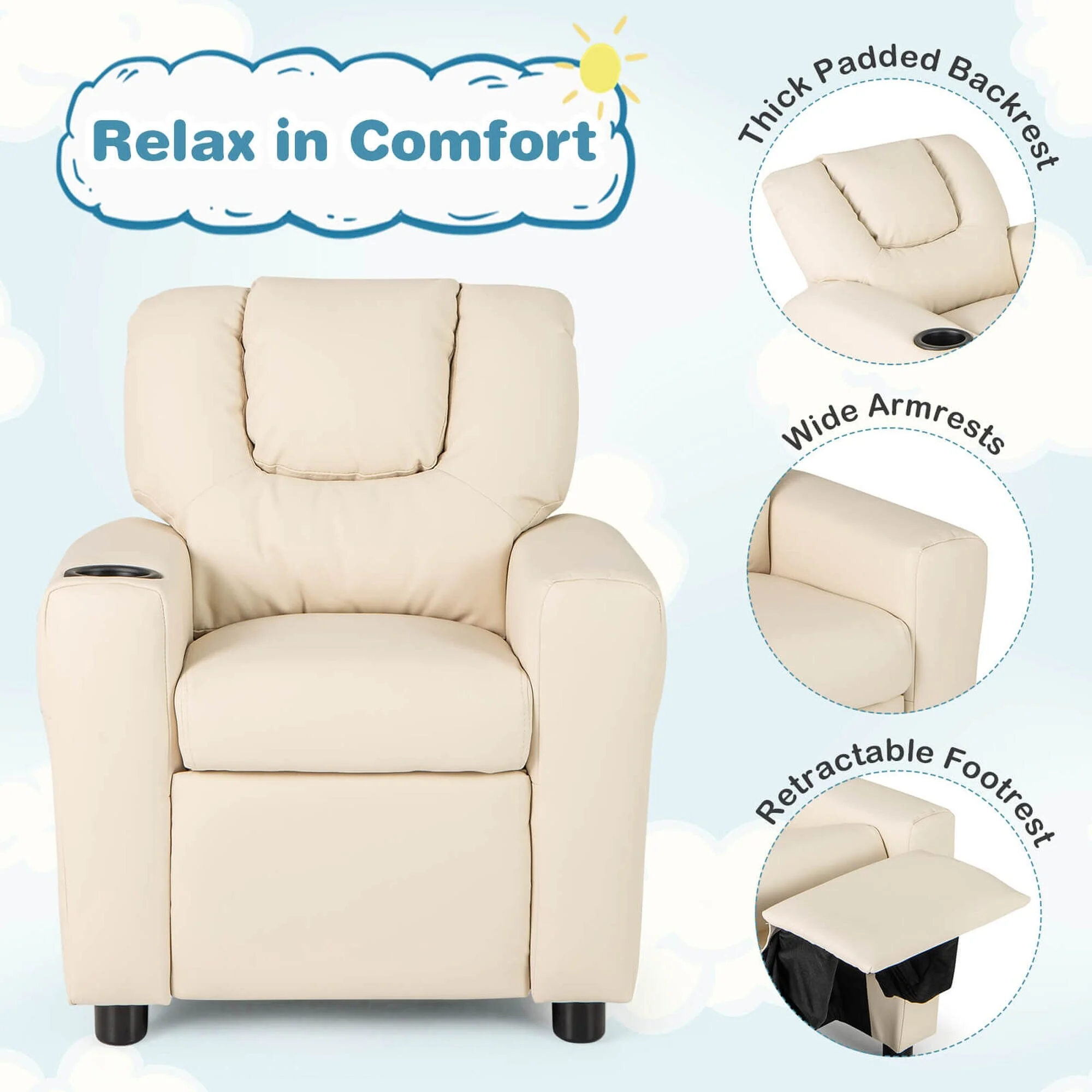 Costway Kids Recliner Chair with Cup Holder  Side Pocket Adjustable