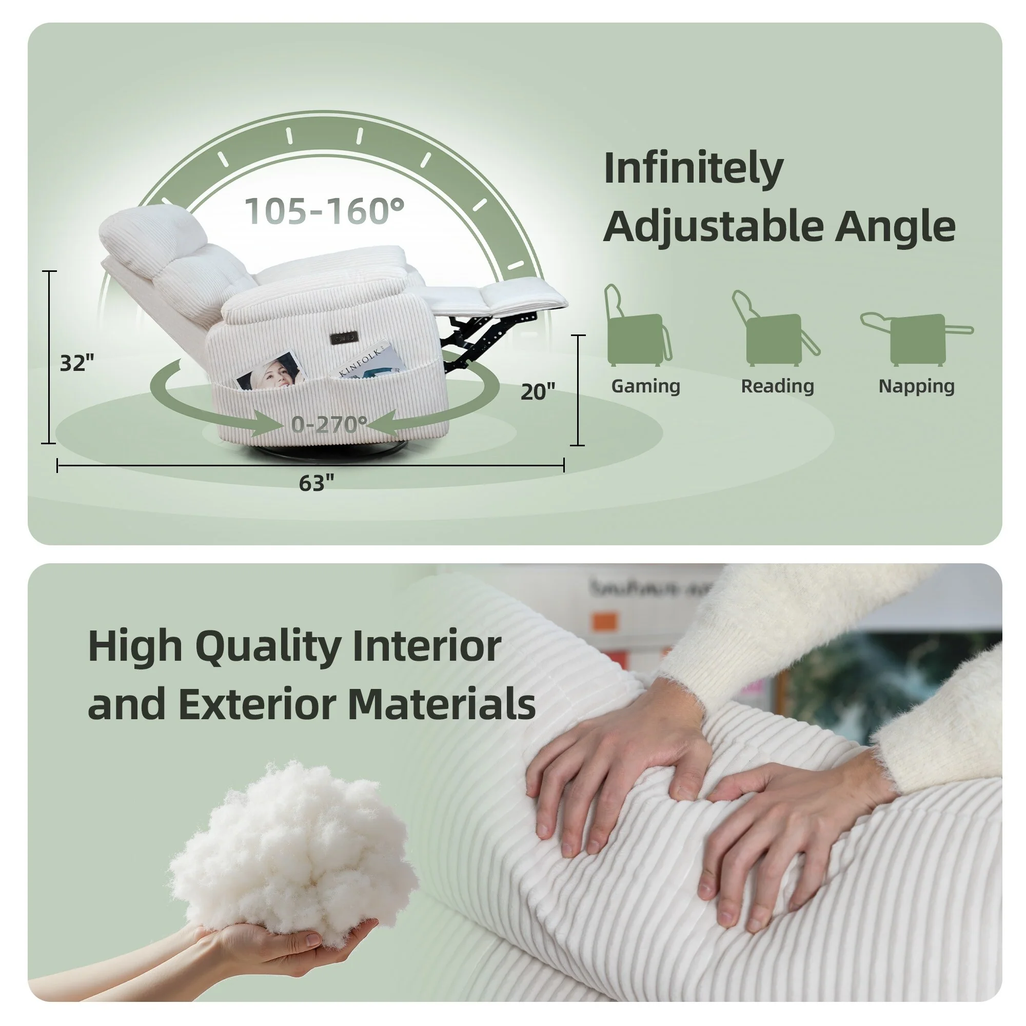 Power Swivel Rocker Recliner Chair with USB and Type-C Ports - 270�� Swivel, Infinite Recline, Ergonomic Cushioning