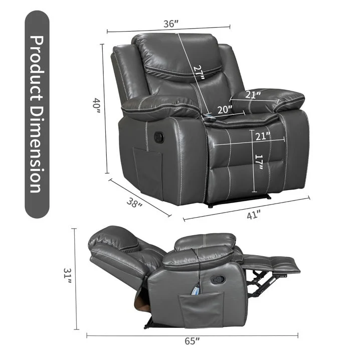 Wide Seat Durable Leather Massage and Heat Recliner