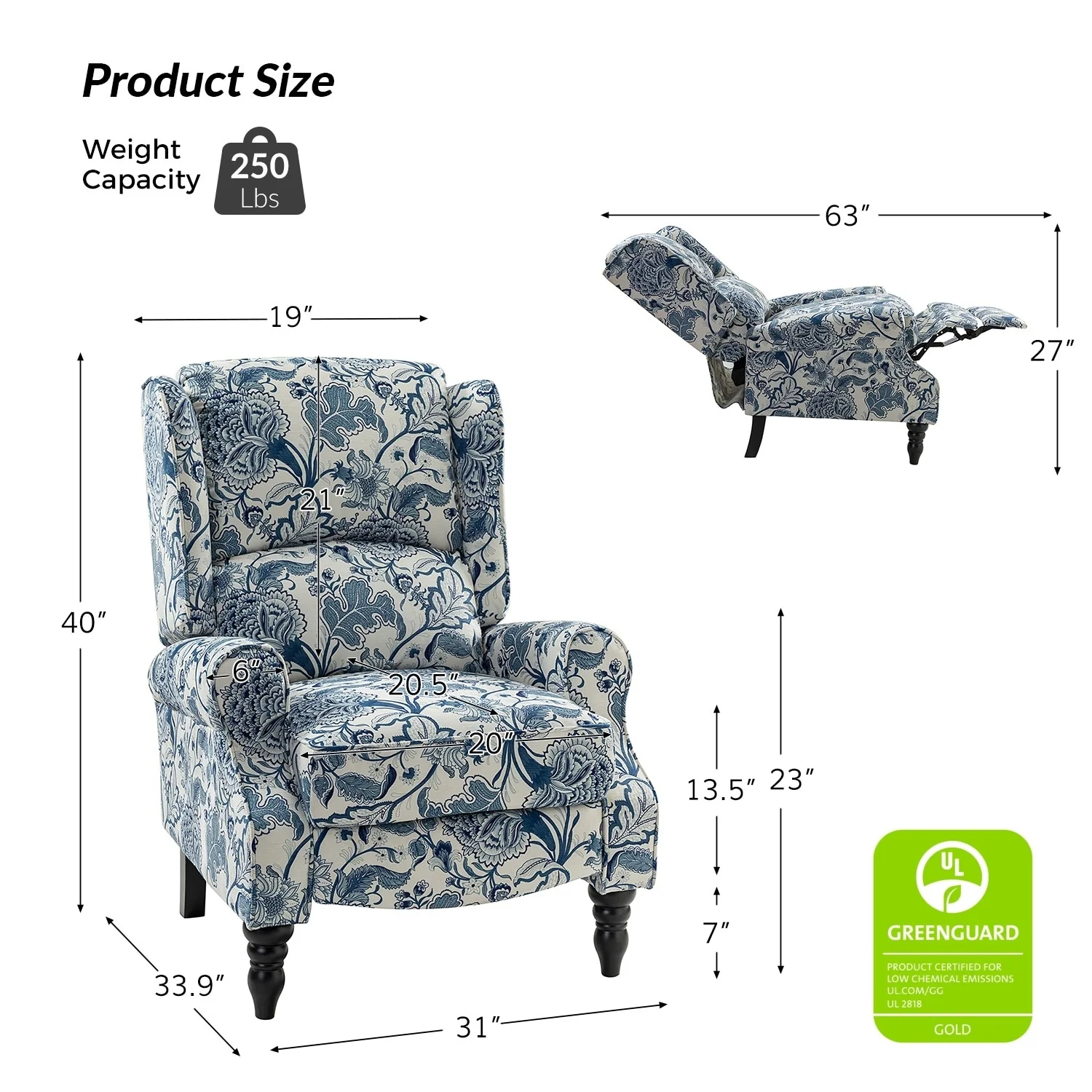 Olympus Upholstered Classic Manual Wingback Recliner with Solid Wood Legs by HULALA HOME