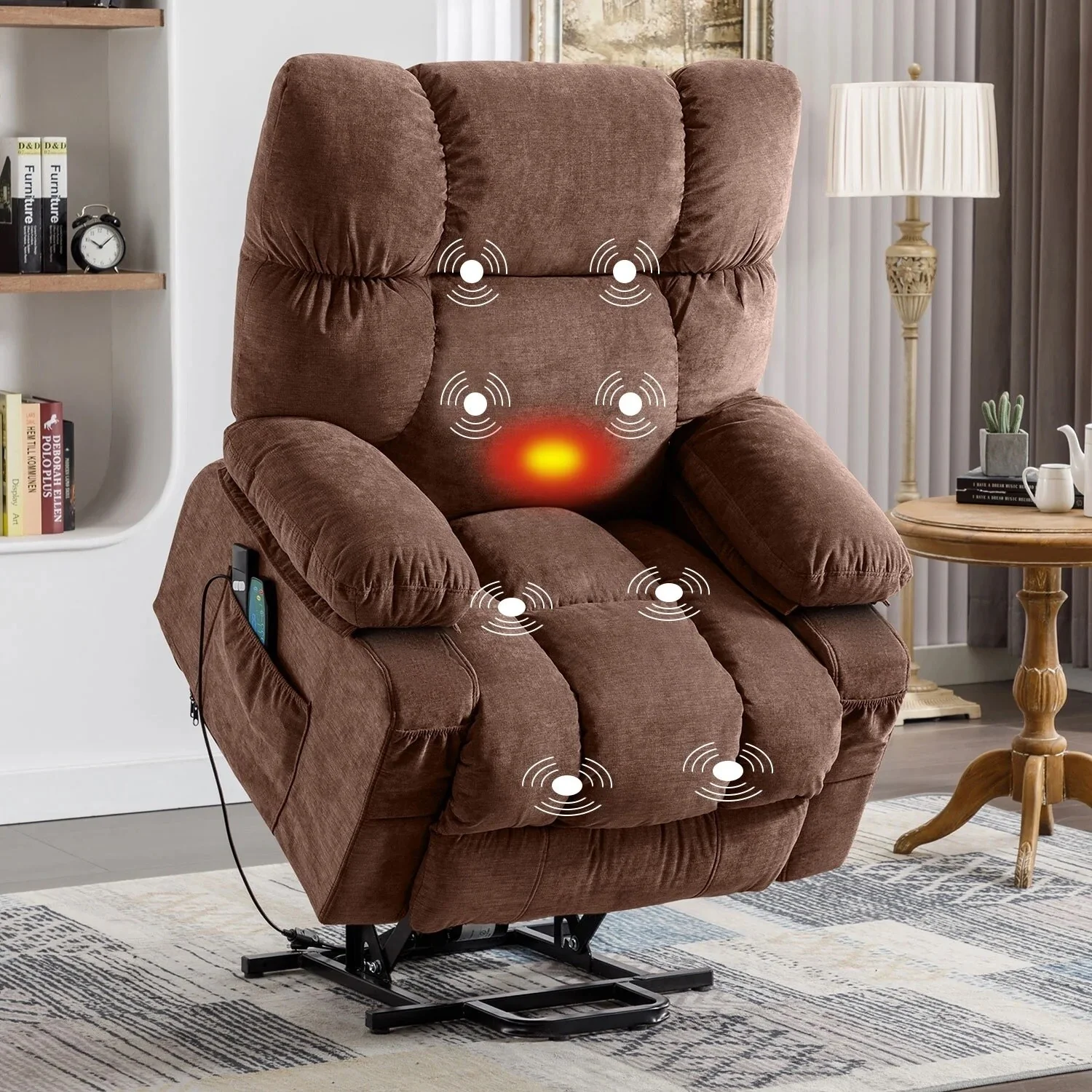 Blue Power Lift Recliner Chair with Heat, Massage, USB Charging, Side Pockets and Remote Control