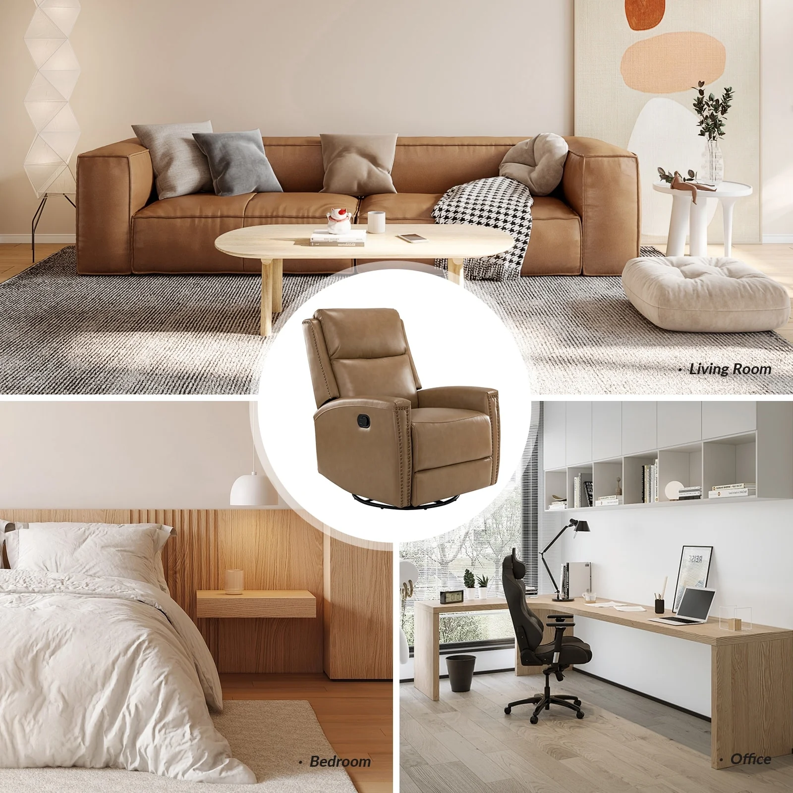 Fiacro 30.31Wide Modern Genuine Leather Wingback Swivel Rocker Recliner with Nailhead Trims