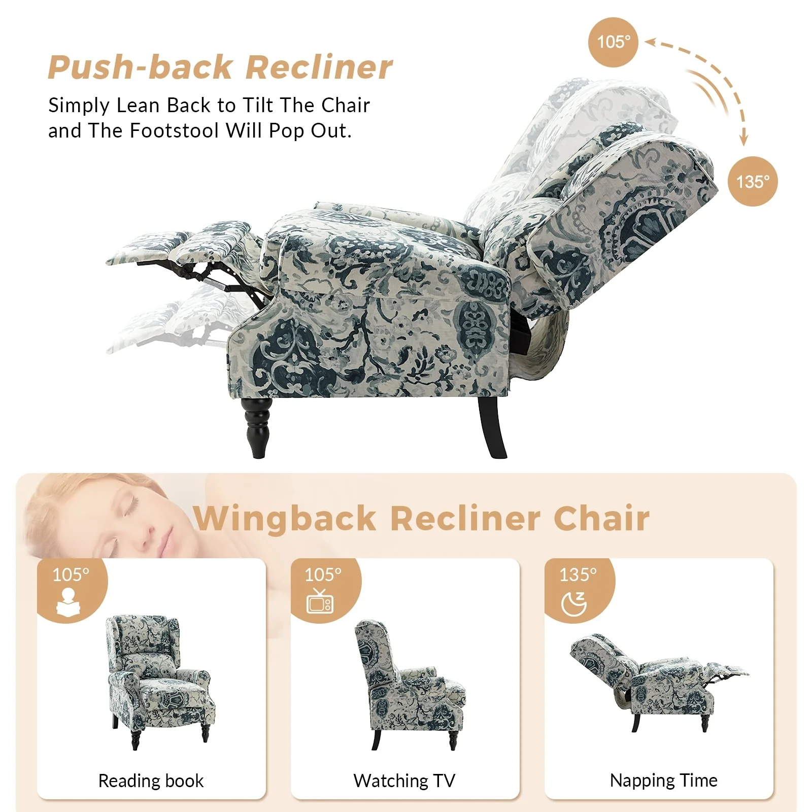 Olympus Upholstered Classic Manual Wingback Recliner with Solid Wood Legs Set of 2 by HULALA HOME