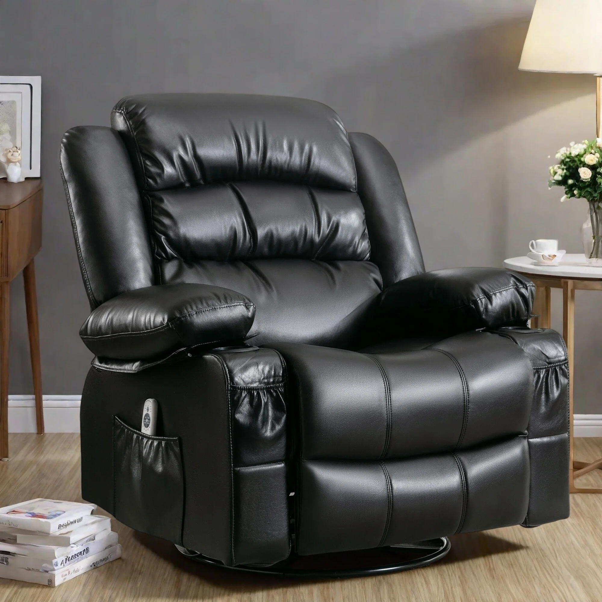 Manual Reclining PU Leather Massage Chair with Heat, 360�� Swivel, Rocking, and Large Storage Pockets