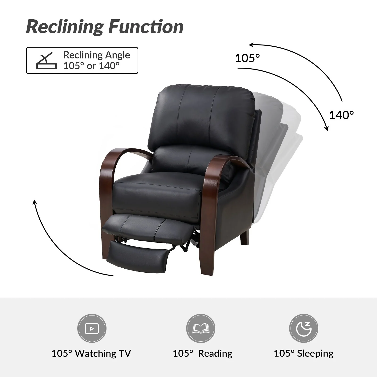 Alex Mid-century Modern Cigar Genuine Leather Manual Recliner with Wooden Curved Arms, Set of 2