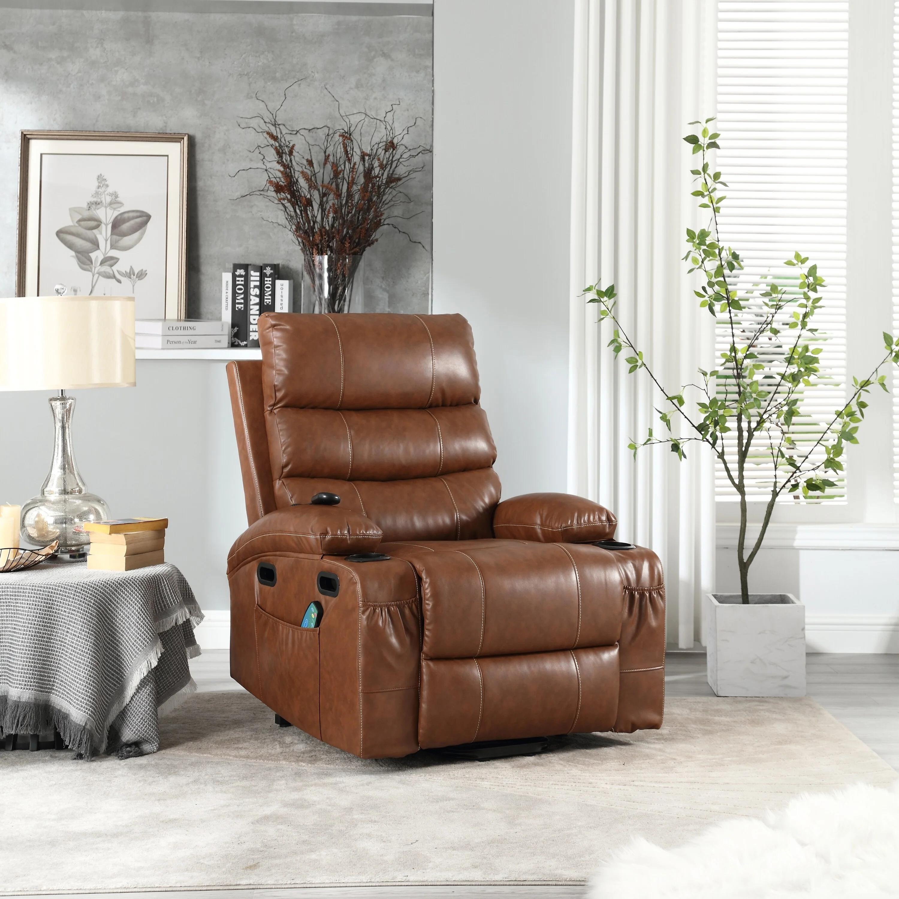 PU Leather Power Lift Recliner with Massage, Heating & Cup Holders