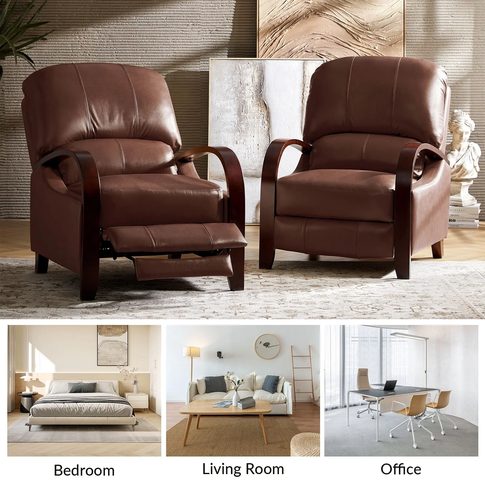Alex Mid-century Modern Cigar Genuine Leather Manual Recliner with Wooden Curved Arms