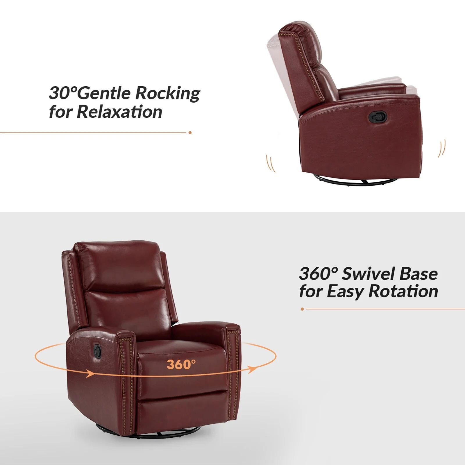 Fiacro 30.31Wide Modern Genuine Leather Wingback Swivel Rocker Recliner with Nailhead Trims