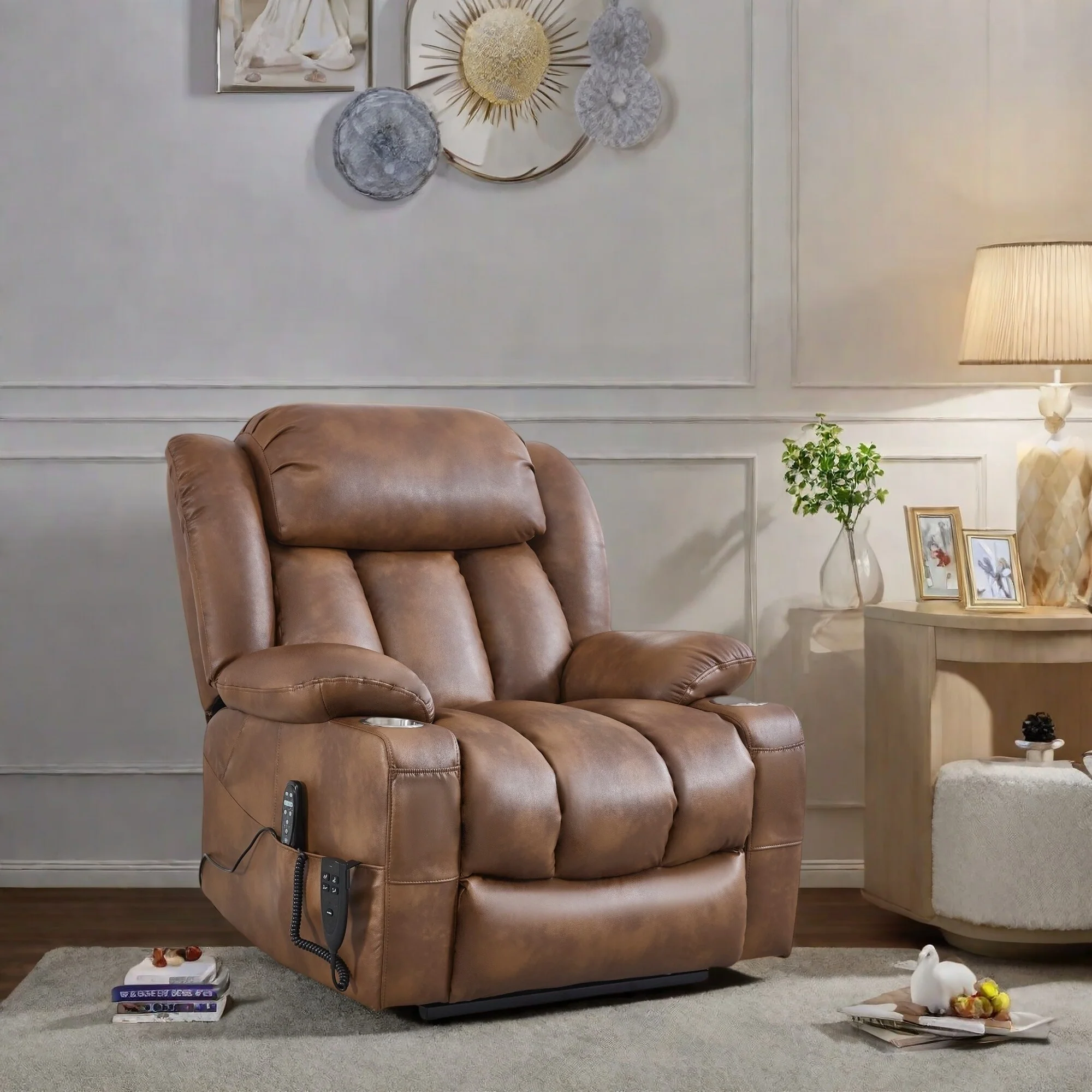 Faux Leather Power Lift Recliner Chair with Massage, Heat, Dual Motors, and Cup Holders