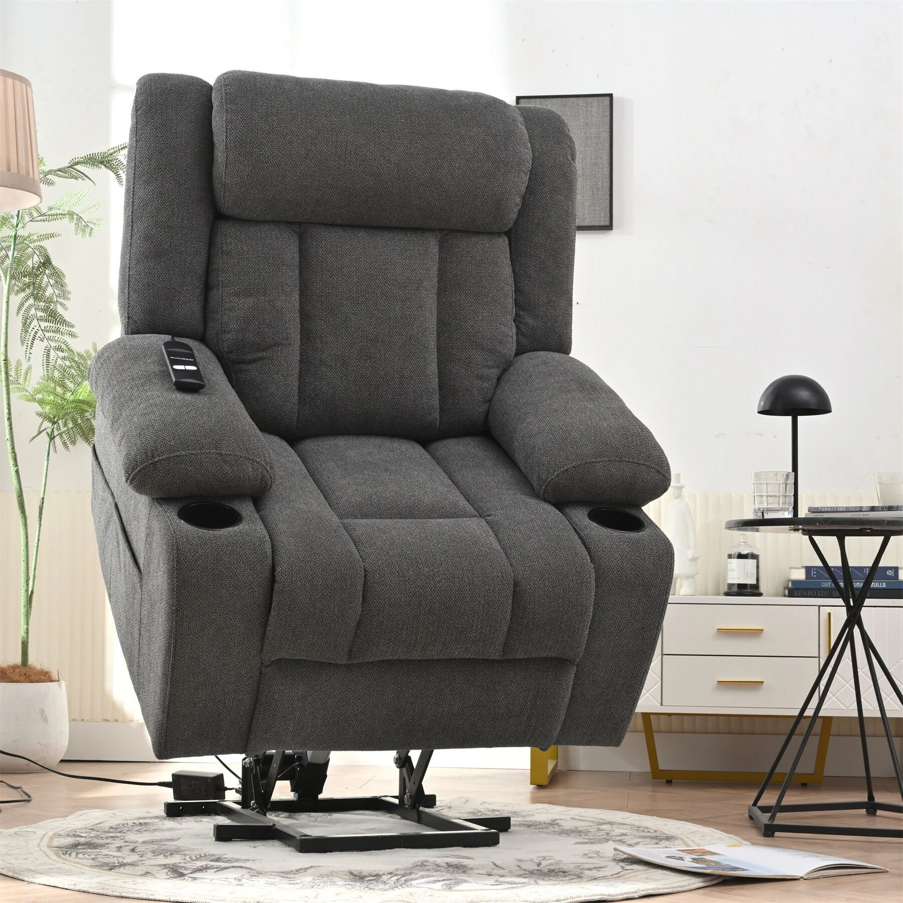 Power Lift Recliner Chair For Elderly,Fabric Lift Chairs W/ Extended Footrest With 2 Cup Holders,Side Pockets,Remote Control