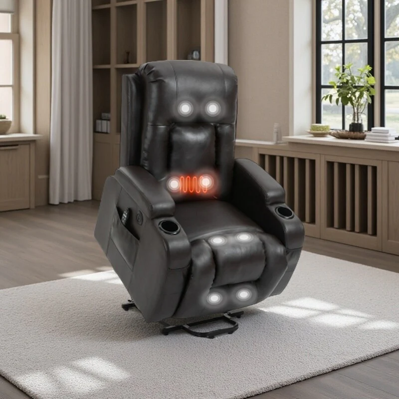 Heavy-Duty Power Lift Recliner with 8-Point Massage, Lumbar Heat Therapy, USB Charging, Dual Cup Holders, and Spacious Seating