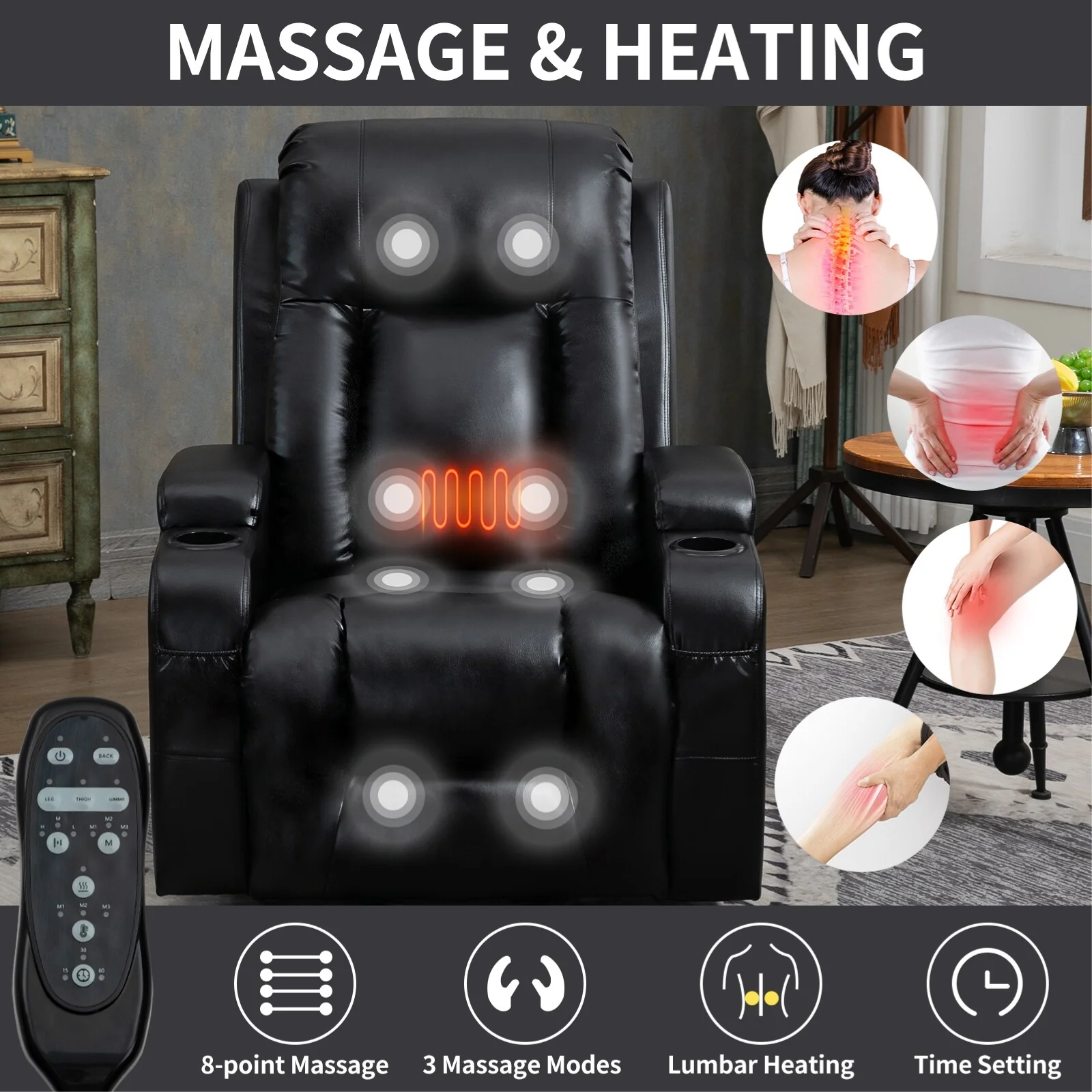 Black Power Lift Recliner with Massage, Lumbar Heat, USB, and Cup Holders