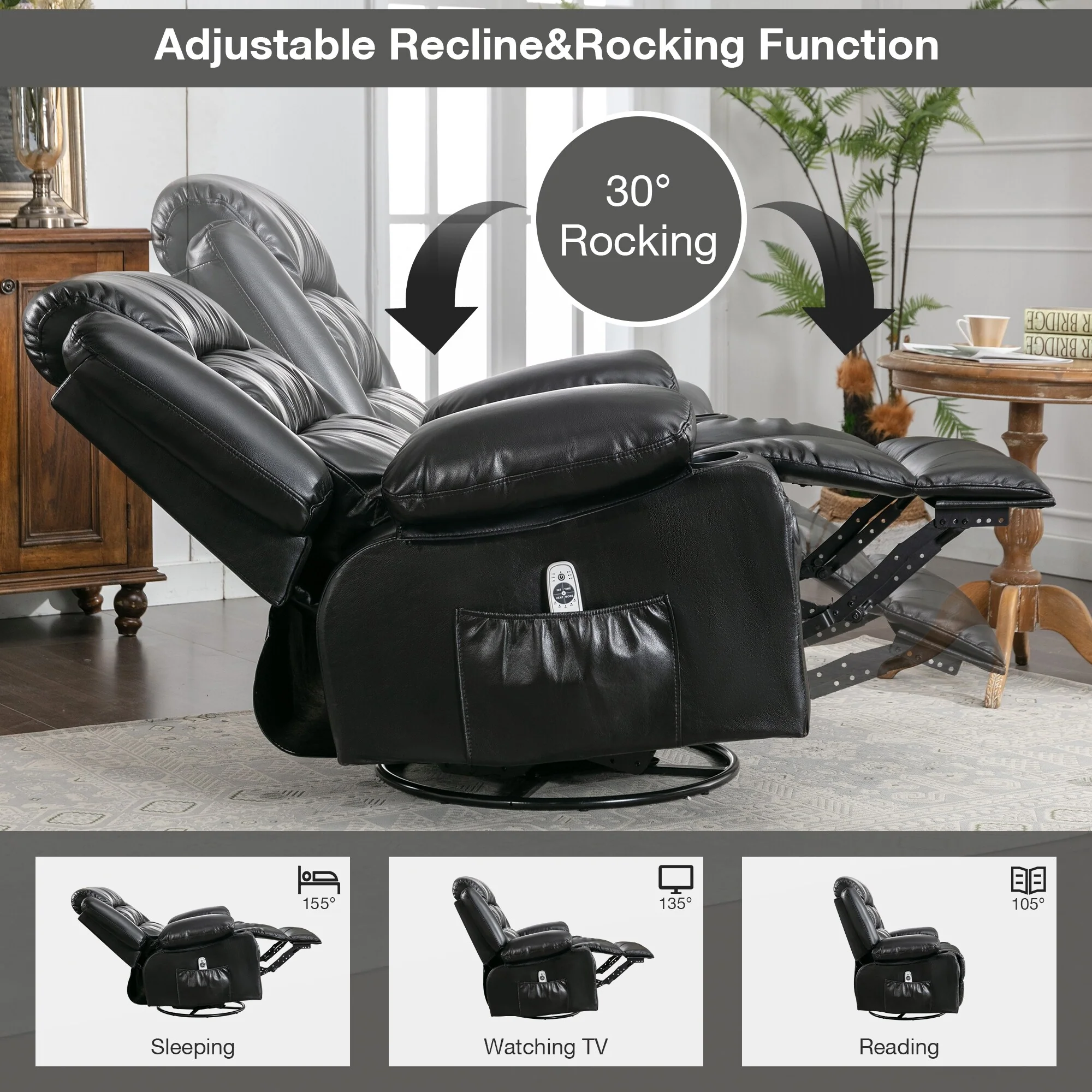 360�� Swivel Massage Recliner Chair with PU Leather, 8?Point Massage & USB