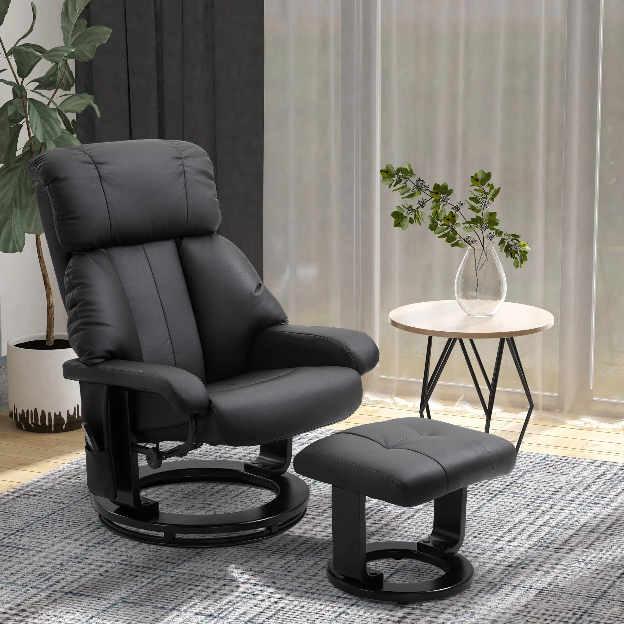 Modern PU Leather Recliner with Ottoman, 10-Zone Vibration Massage, and Swivel Wood Base for Living Room & Bedroom