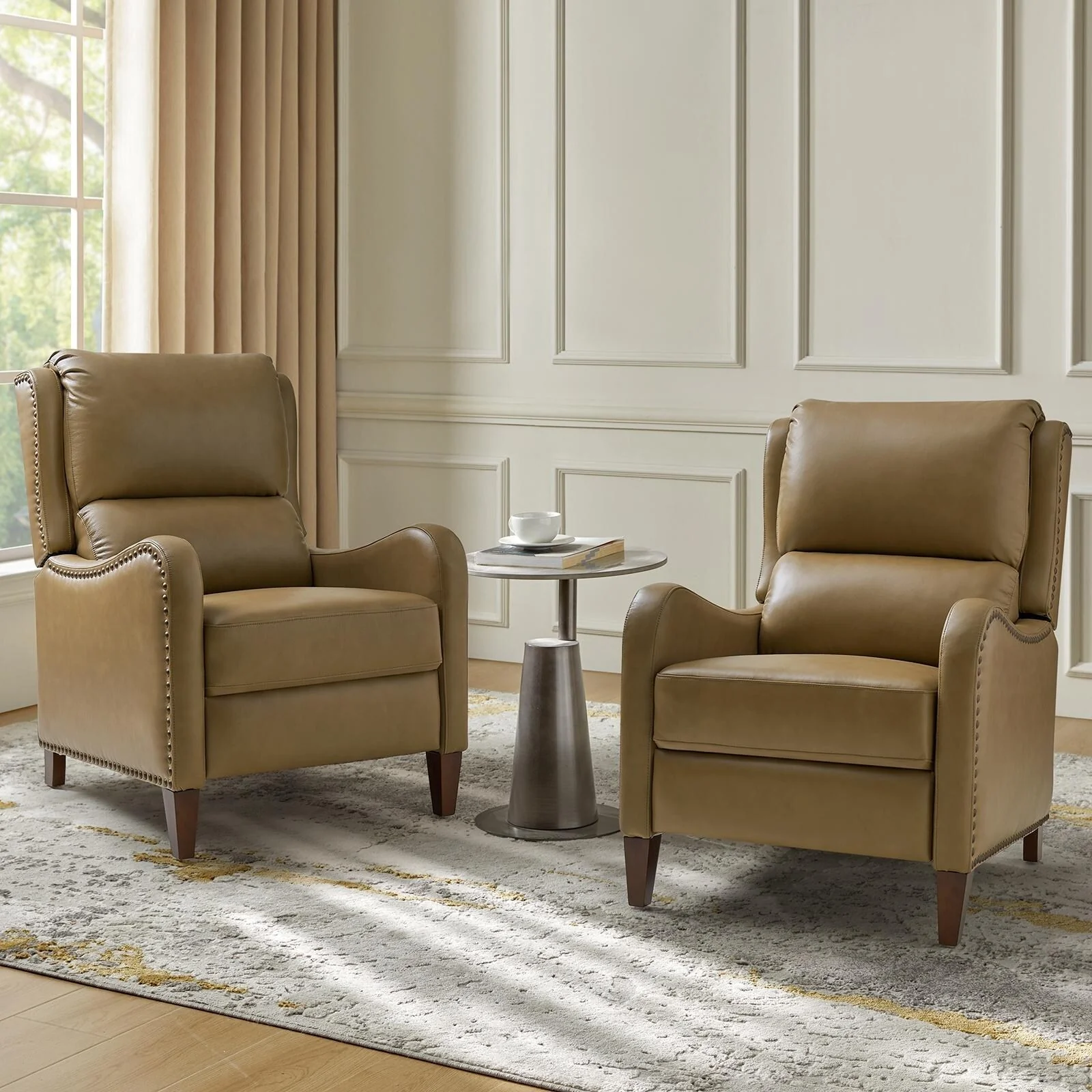 Brigida Modern Genuine Leather Nailhead Trim Recliner with Adjustable Footrest Set of 2 by HULALA HOME