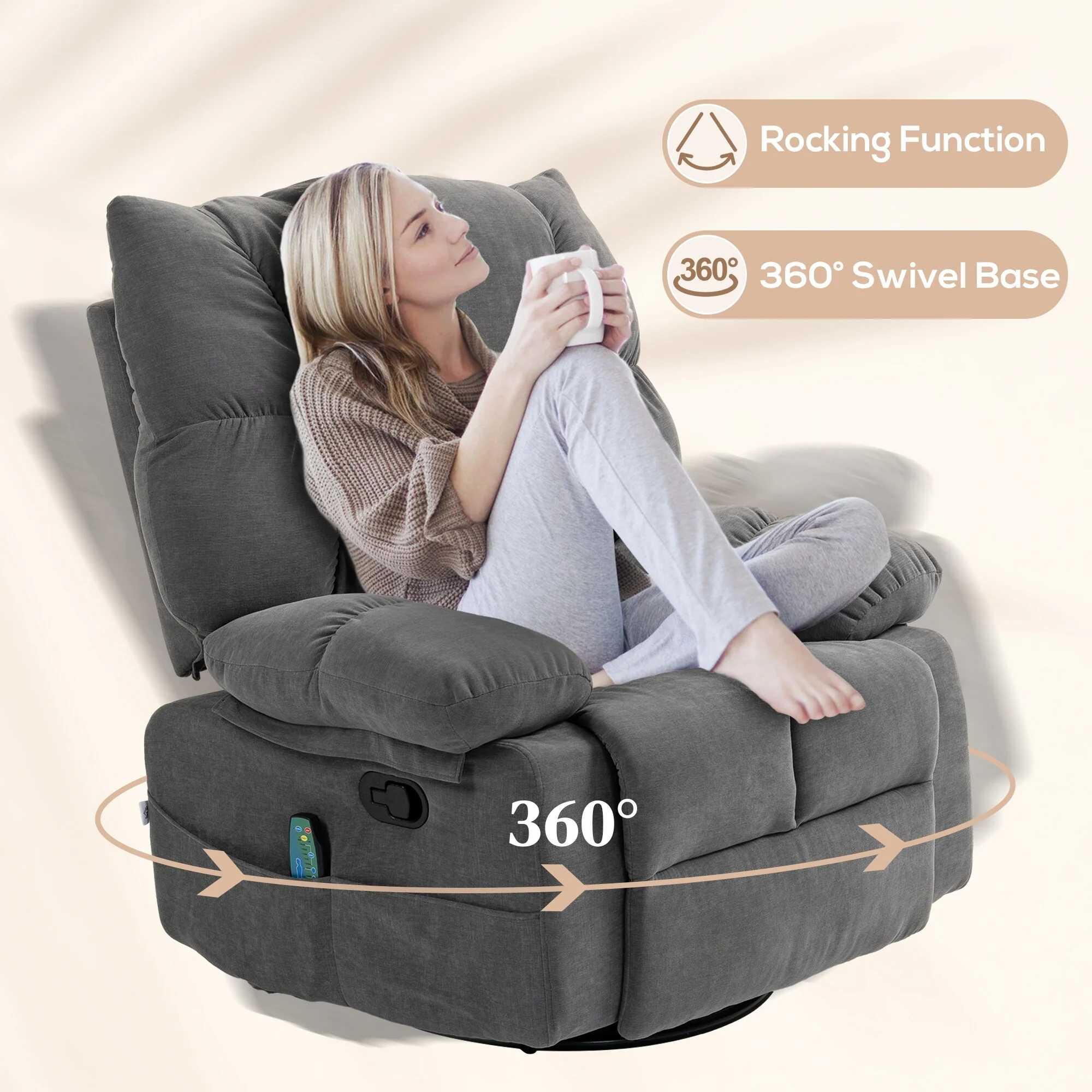 Grey Swivel Manual Recliner featuring Vibration Massage, Heating, Footrest, Remote Control, and Four Convenient Side Pockets