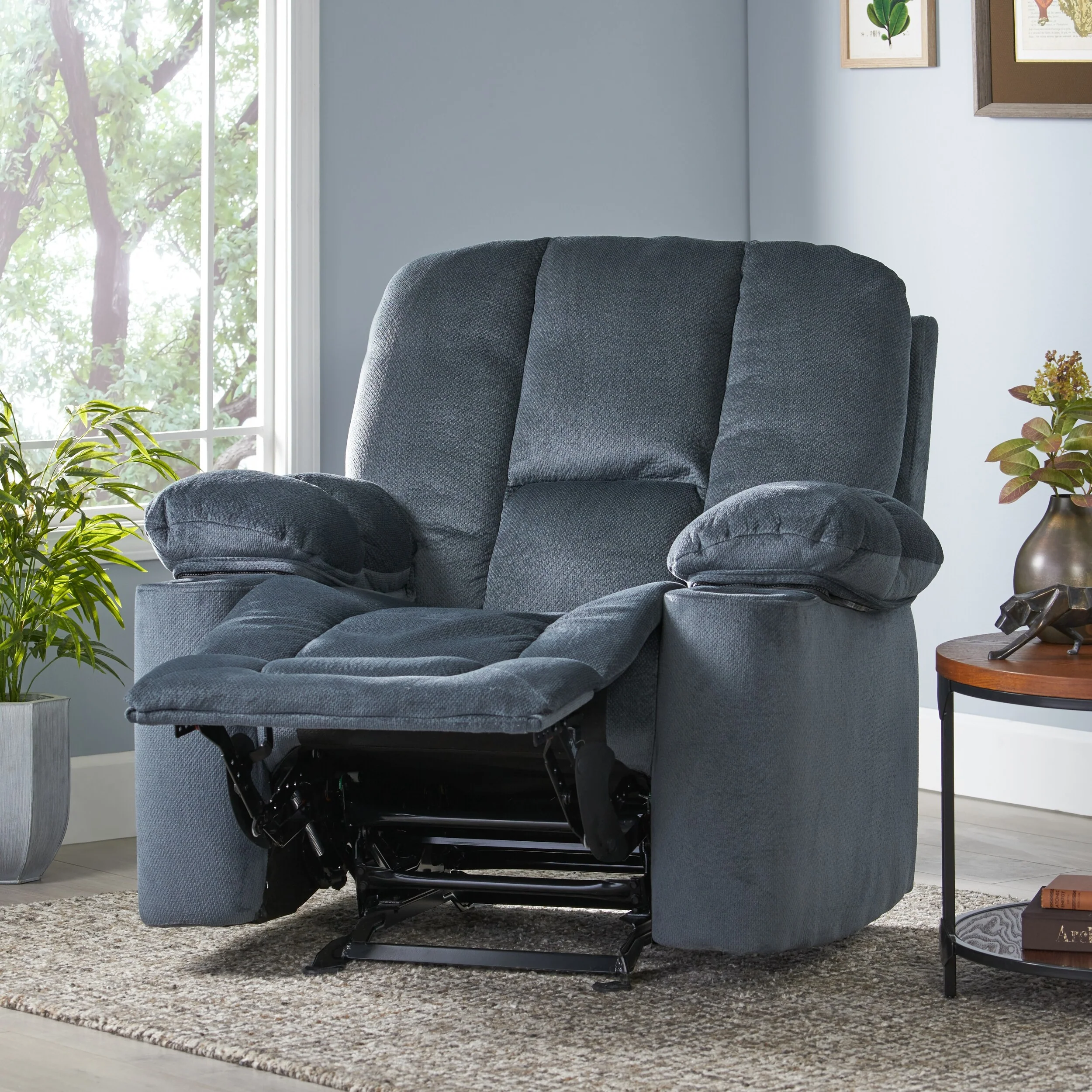 Brown Fabric Manual Recliner with Dual Cup Holders and Generous Dimensions