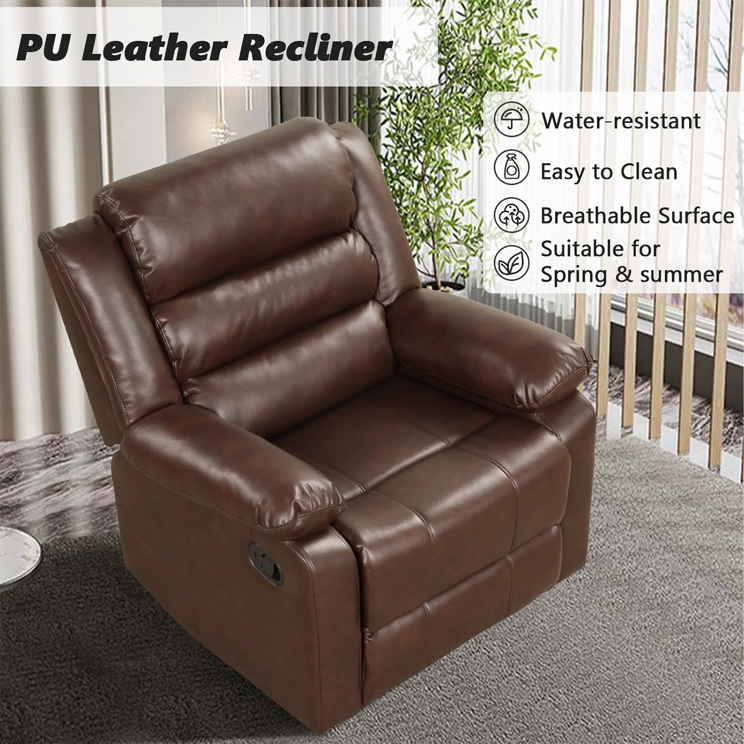 Breathable PU Leather Manual Recliner Chair with Overstuffed Arm and Back