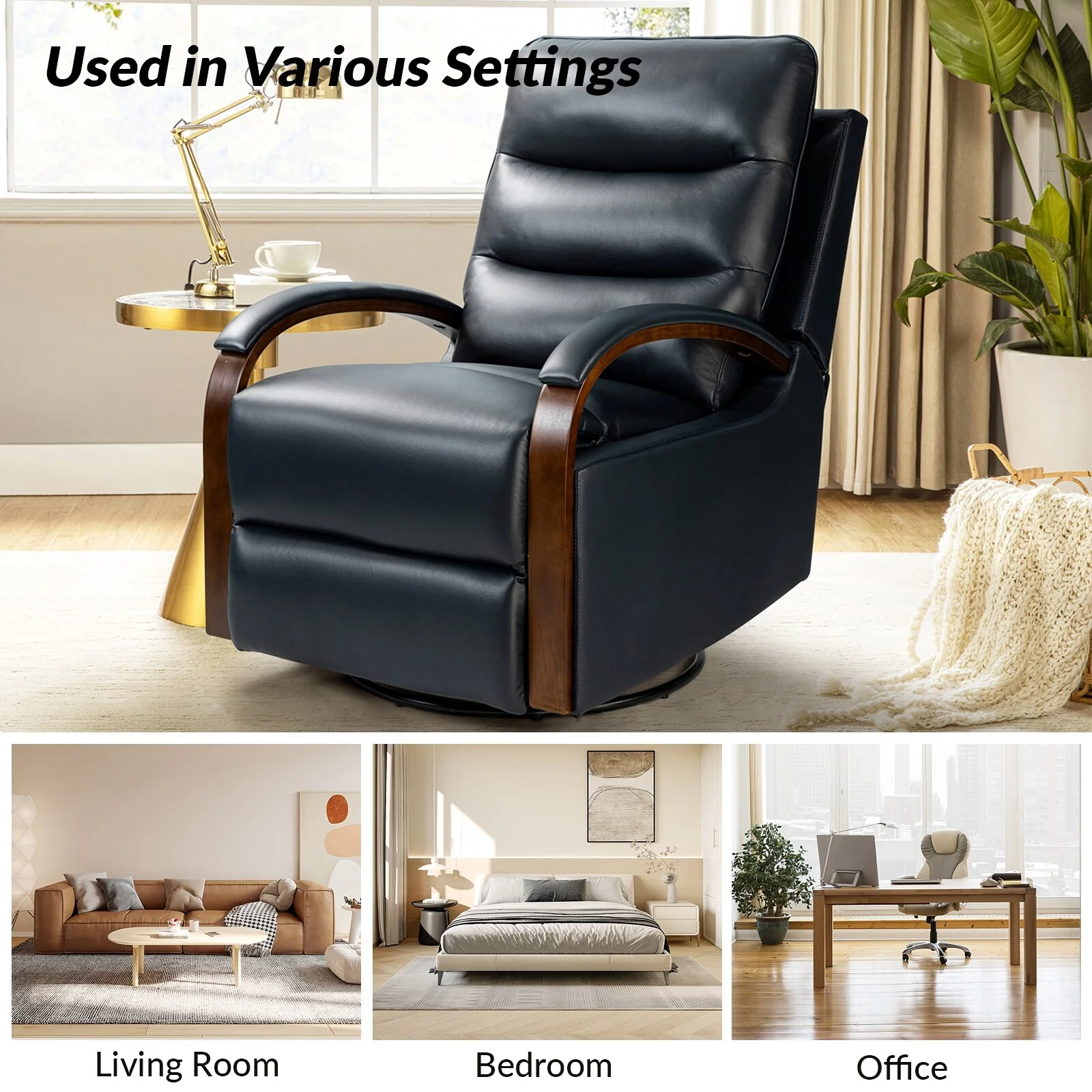 Leopold Genuine Leather Swivel Rocking Manual Recliner Chair with Wooden Arm Accents Set of 2 by HULALA HOME