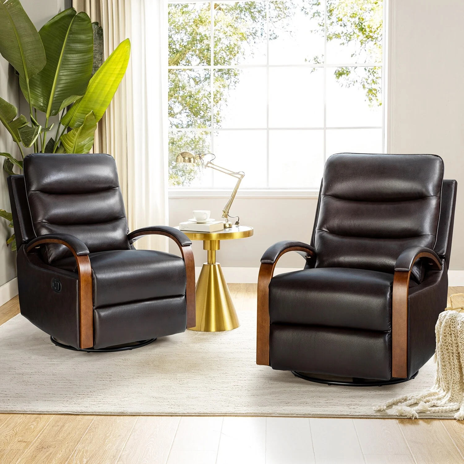 Leopold Genuine Leather Swivel Rocking Manual Recliner Chair with Wooden Arm Accents Set of 2 by HULALA HOME