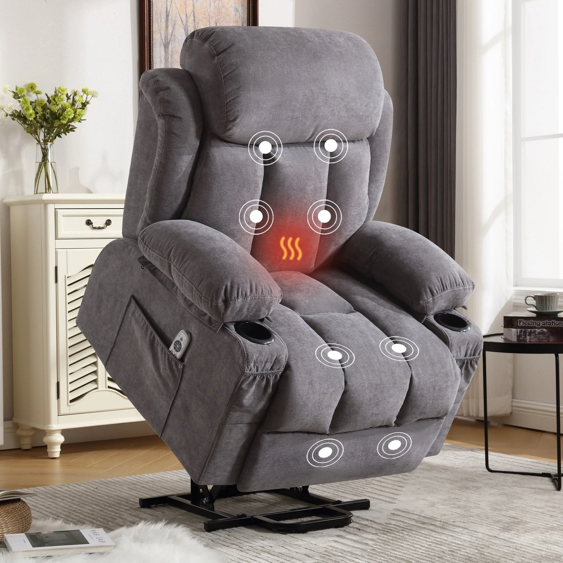 Beige Ergonomic Lift Recliner with Heated Massage, USB Charging, Side Pockets, and Easy Remote Control