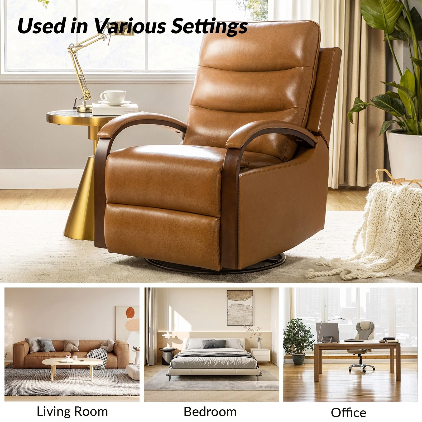 Leopold Genuine Leather Swivel Rocking Manual Recliner Chair with Wooden Arm Accents Set of 2 by HULALA HOME