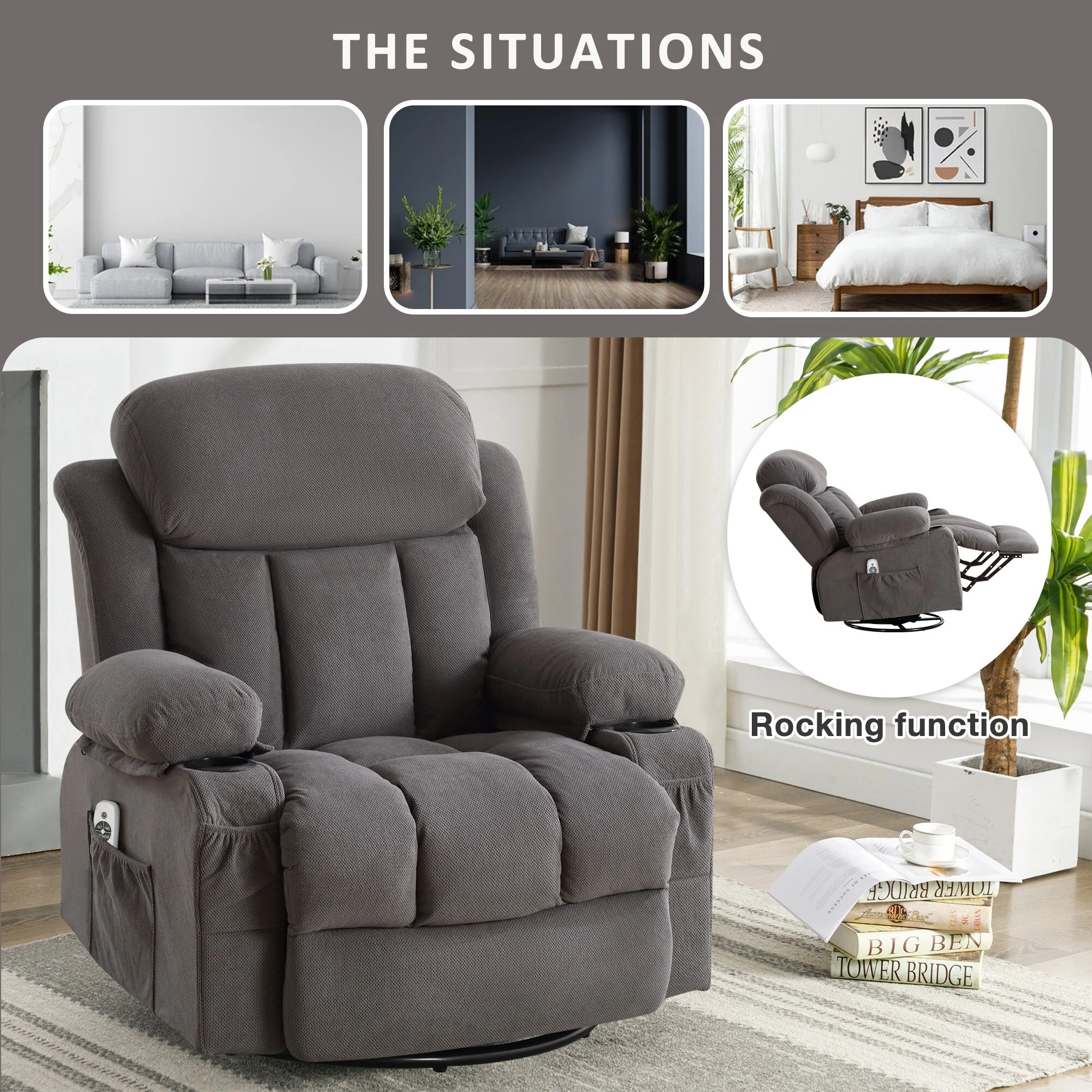 Swinging Recliner Massage Heated Sofa, With Usb And 2 Cup Holders In Side Pockets