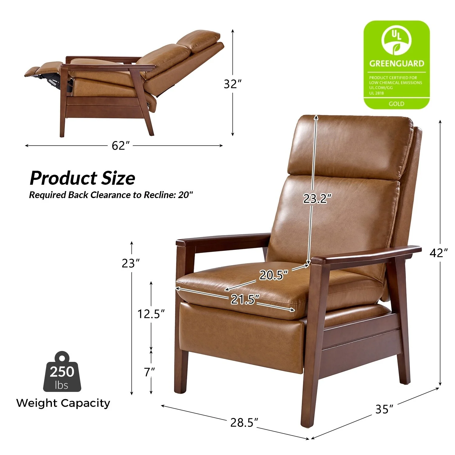 Patrick Mid-century Vegan Leather Solid Wood Recliner by HULALA HOME