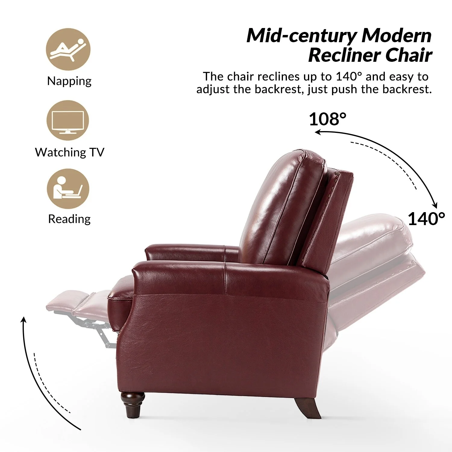 Cigar Mid-century Modern Genuine Leather Recliner with Nailhead Trim by HULALA HOME