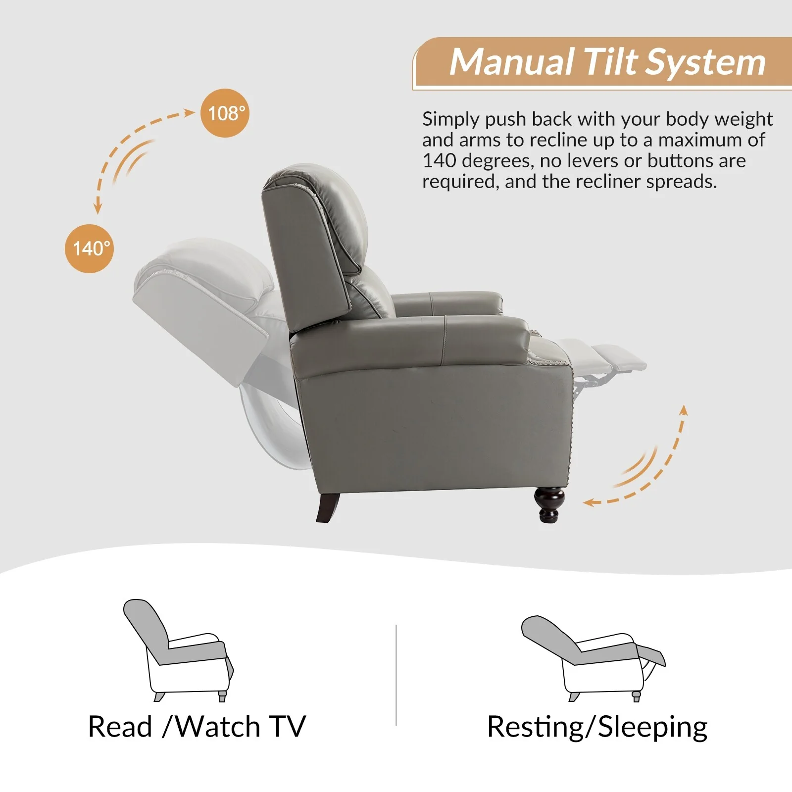 Gabriela Mid-Century Modern Genuine Leather Recliner Nail Head Trim Set of 2 by HULALA HOME