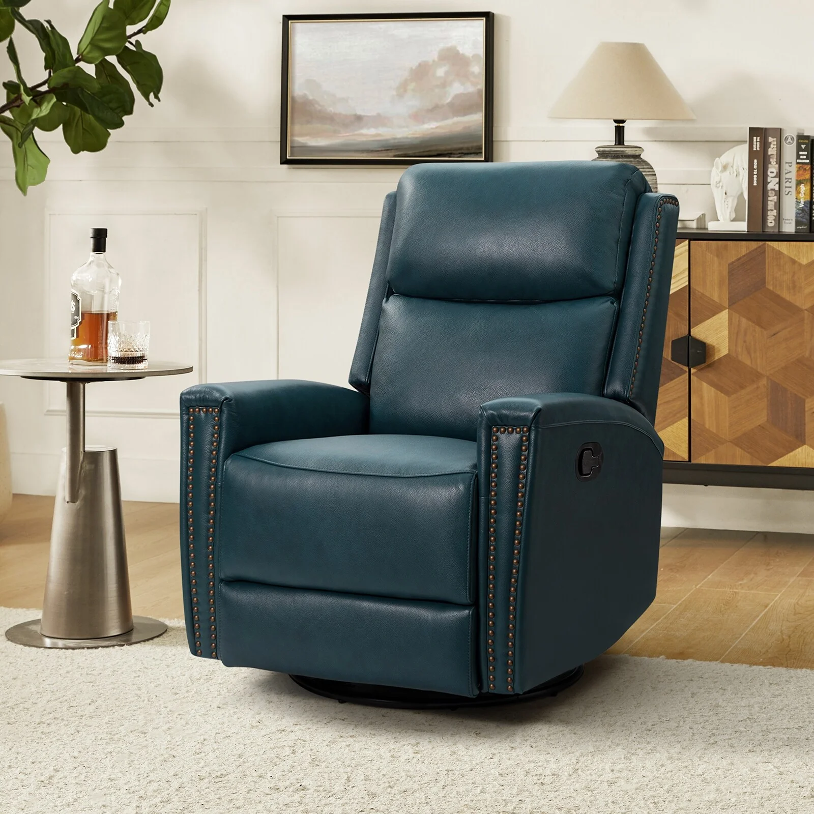 Fiacro 30.31Wide Modern Genuine Leather Wingback Swivel Rocker Recliner with Nailhead Trims