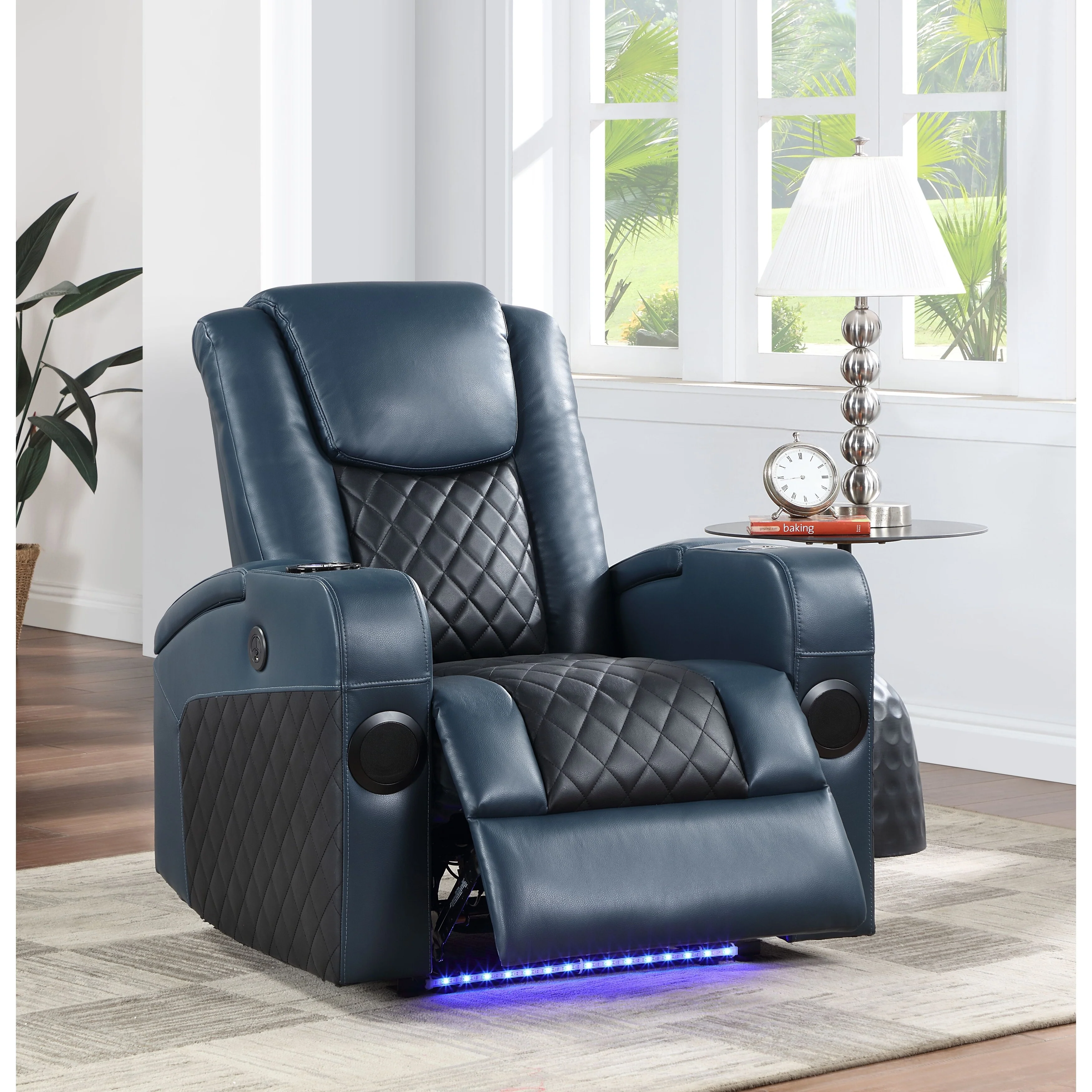 Alair Blue & Black Leather Aire Power Motion Recliner W/Bluetooth, Wireless Charger & Cupholder