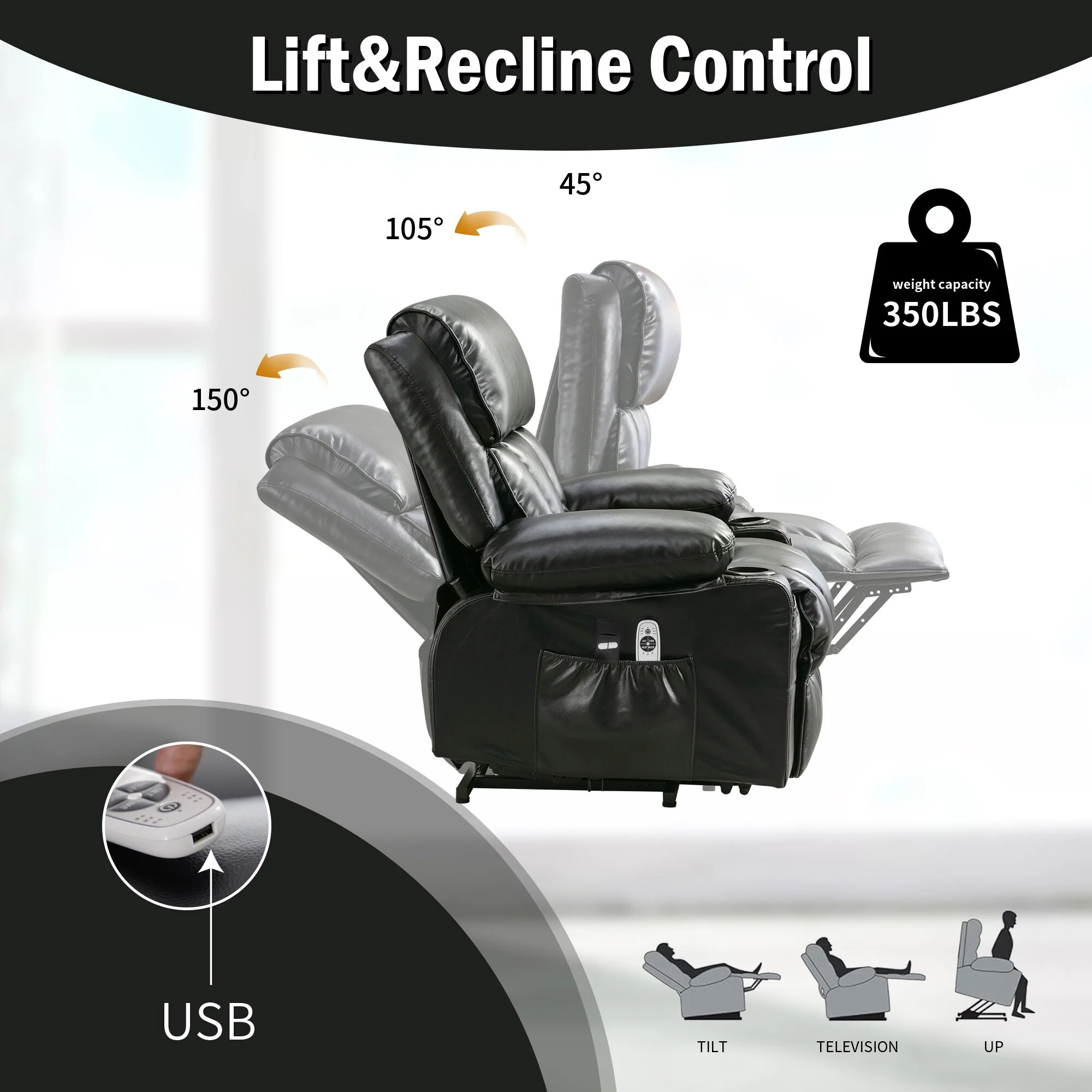 Power Lift Faux?Leather Recliner Chair with Massage, Heat & USB