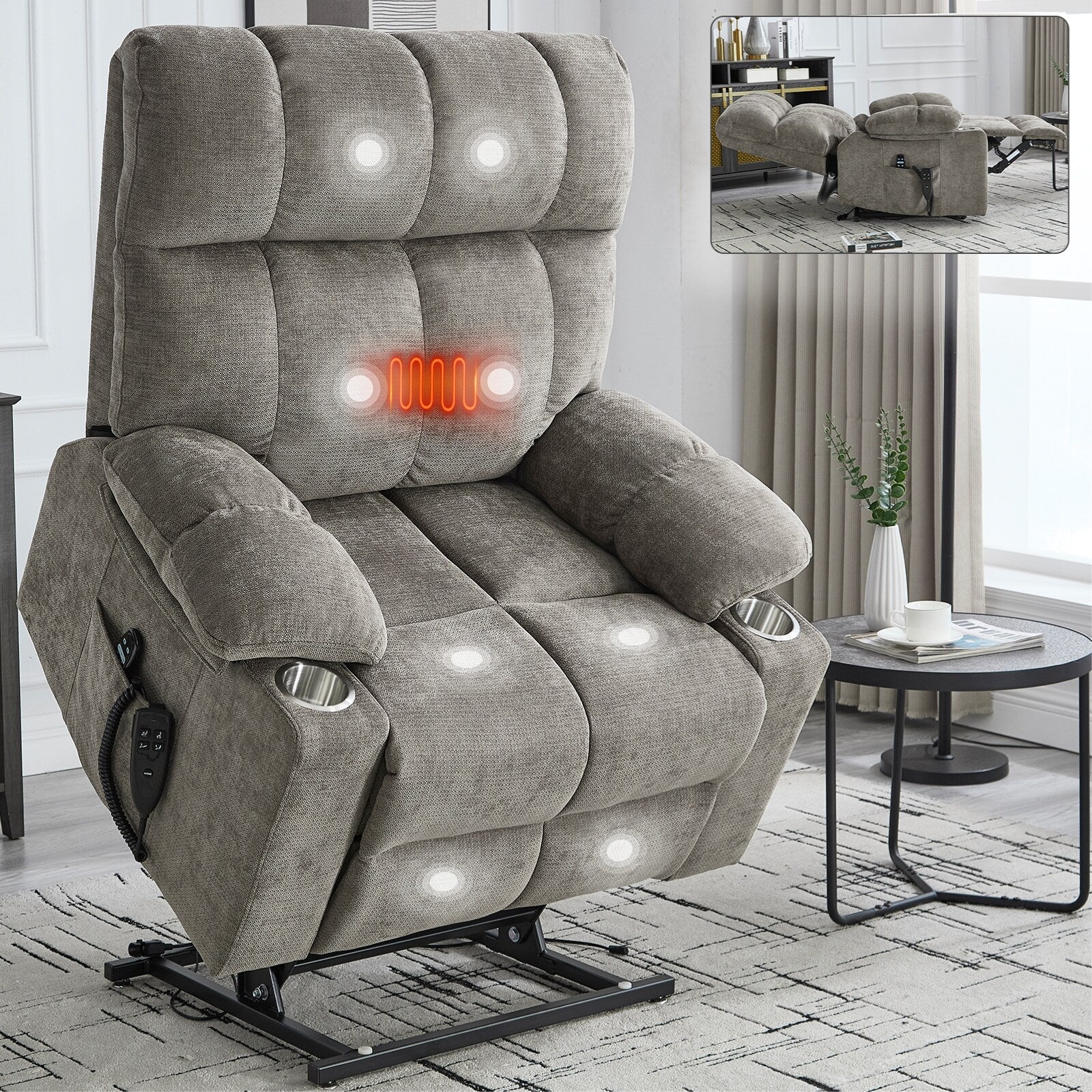 Recliner Chair, Heavy Duty Motion Mechanism with 8-Point Vibration Massage and Lumbar Heating, Dual Cup Holders