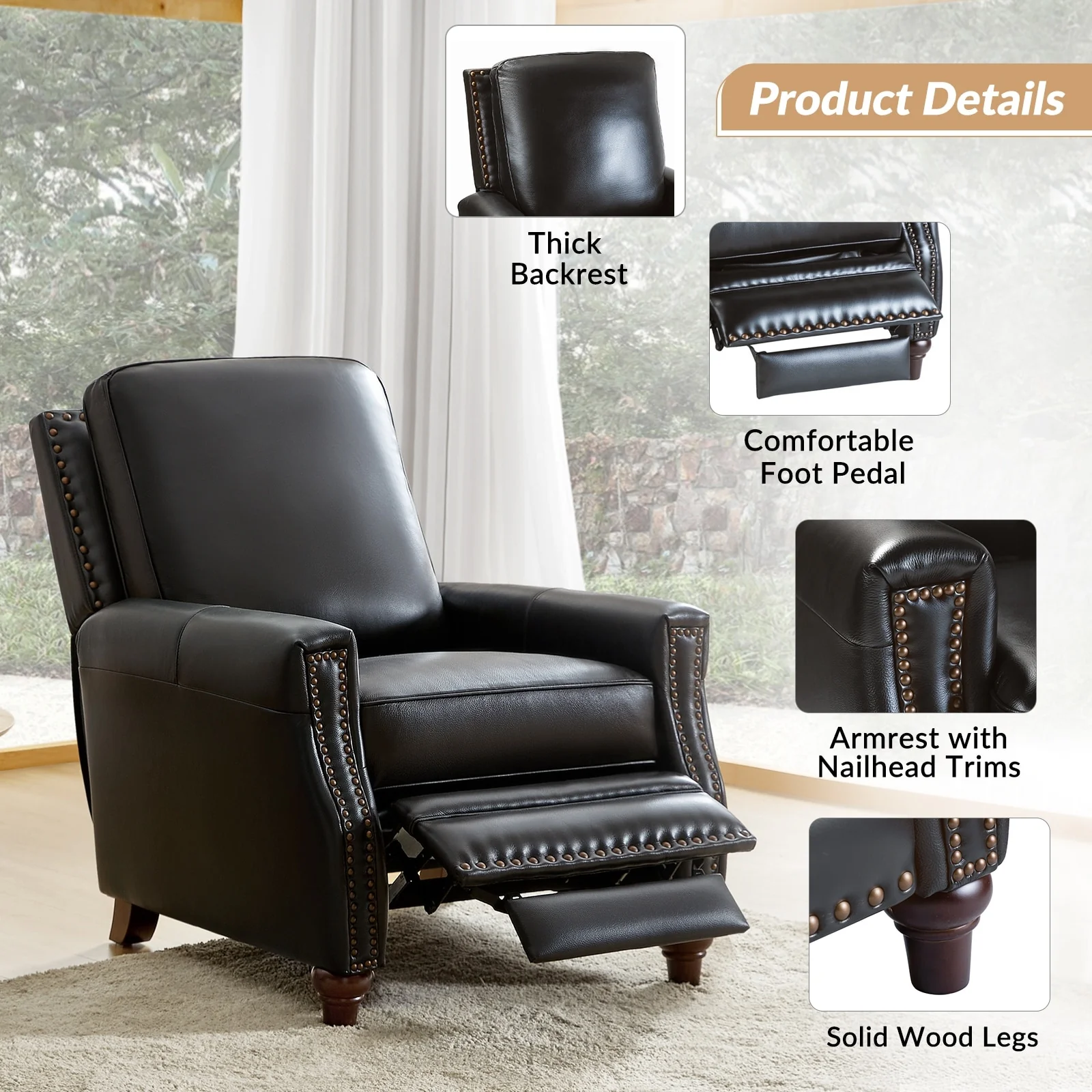 Cigar Mid-century Modern Genuine Leather Recliner with Nailhead Trim by HULALA HOME