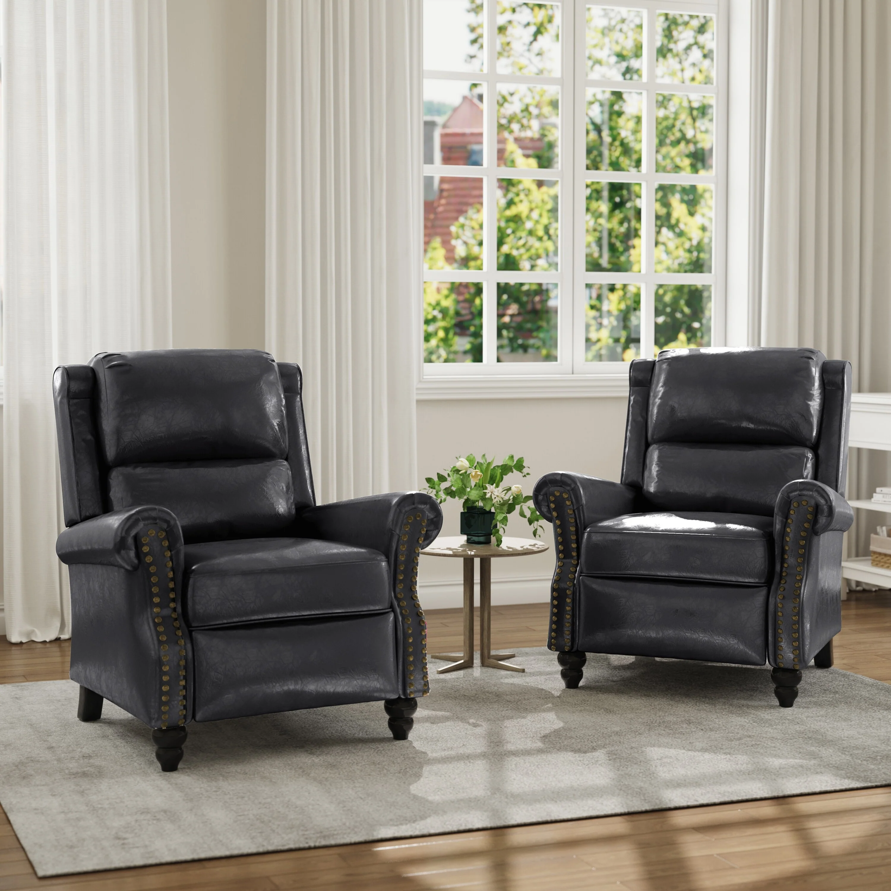 Mid-Century Nailhead PU Leather Linen Recliner