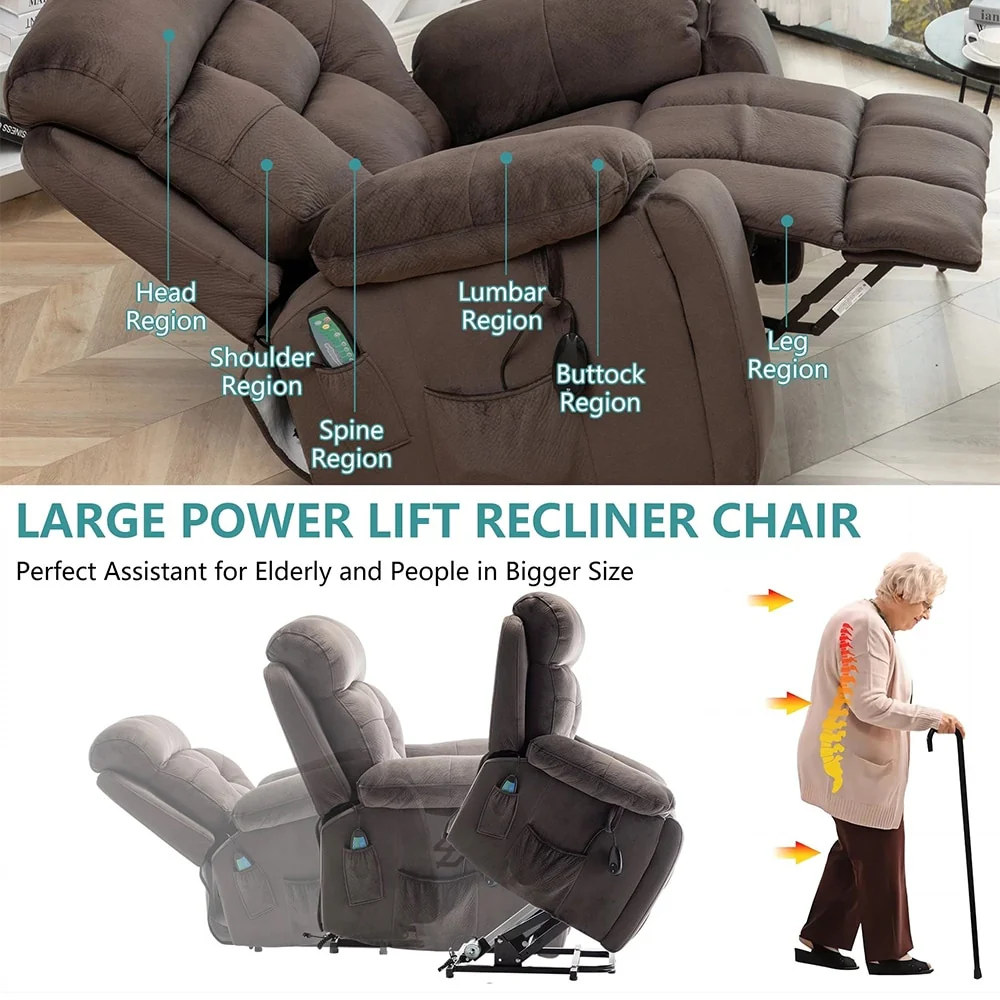 Large Electric Massage Lift Recliner with Heat, Hidden Cup Holder