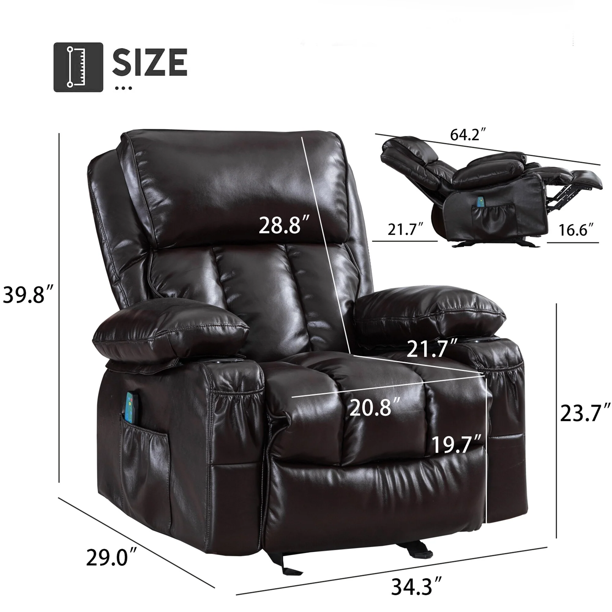 Faux leather Massage Recliner Chair, Rocker Recliner, Heat Function