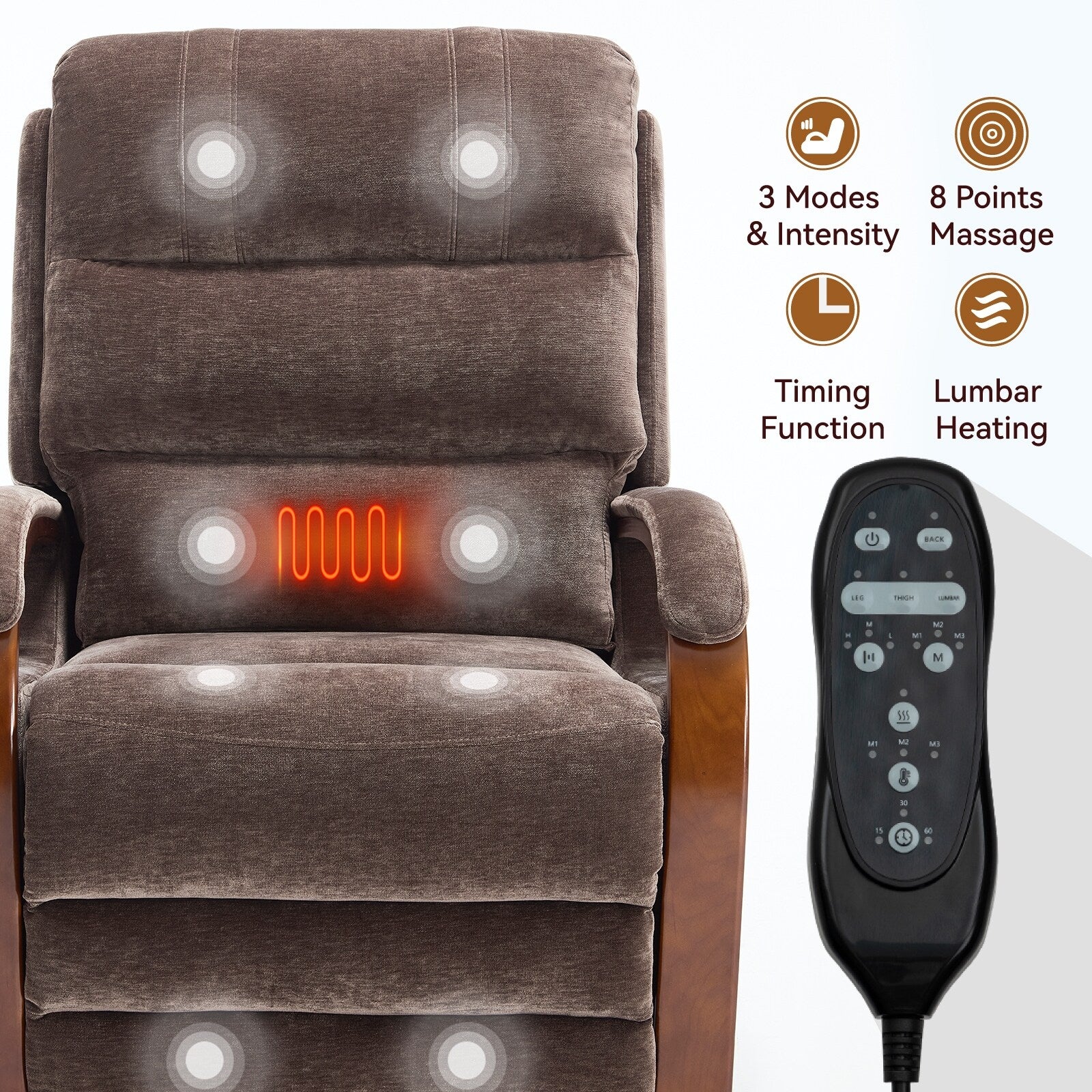 Chenille Power Lift Recliner with Massage & Wood Armrests