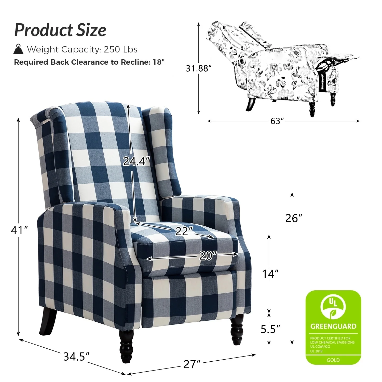 Damaris Mid-Century Modern Manual Pushback Recliner with Wingback Design Set of 2 by HULALA HOME