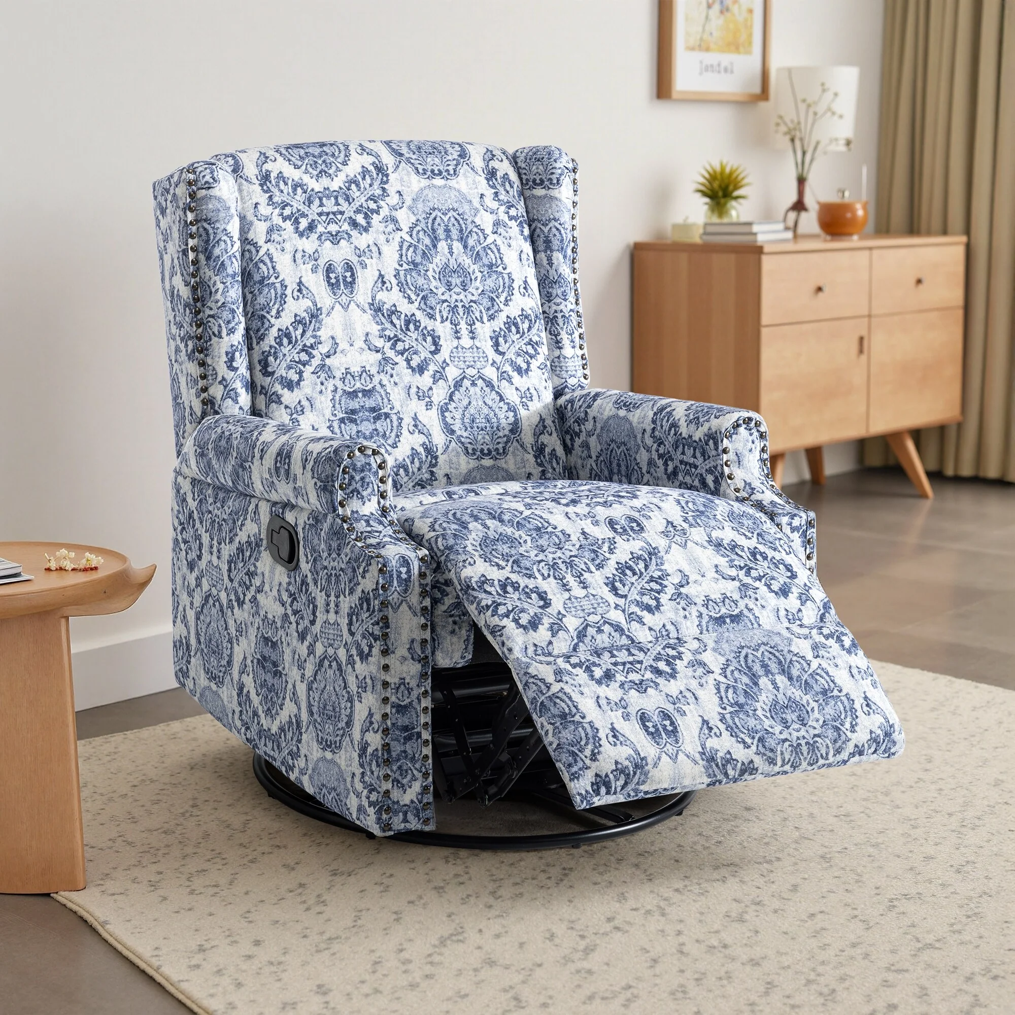 Linen Manual Swivel Base Recliner Chair with Footrest