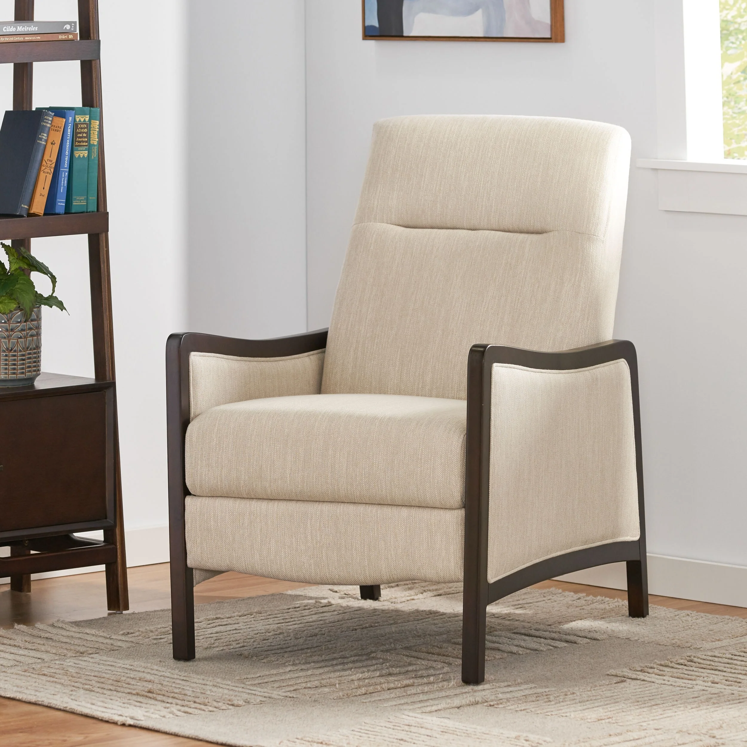 Roomfitters Mid-Century Fabric Push Back Recliner Chair with Wood Trim and Angled Arms