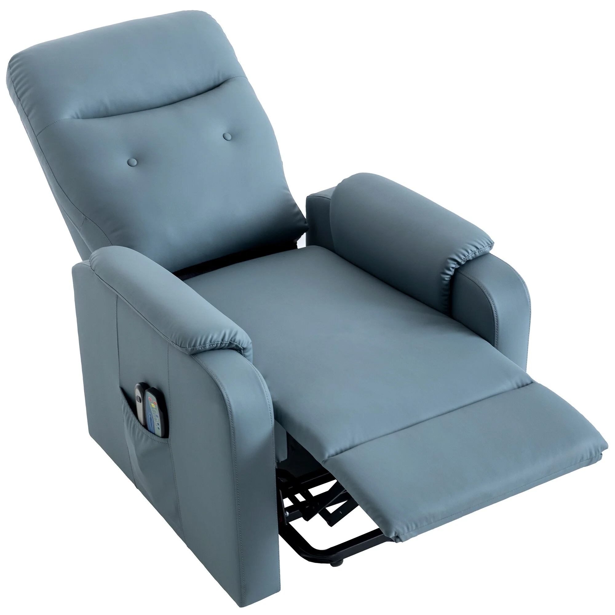 Blue Power Lift Recliner featuring Massage, Heating Function, Adjustable Settings, and Convenient Side Pocket