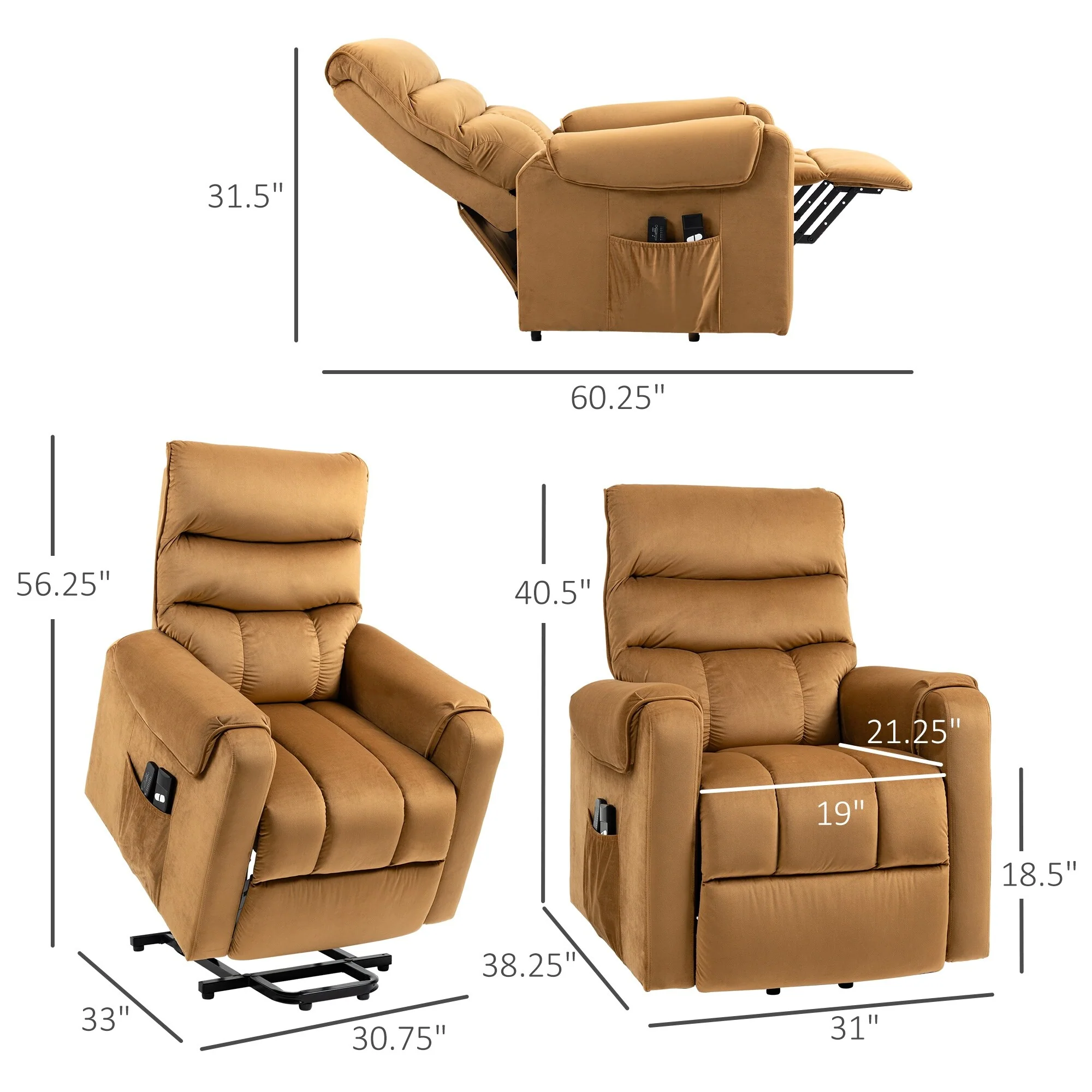 Brown Velvet Power Lift Recliner with Vibration Massage, Durable Steel Frame, Remote Control, and Side Pockets