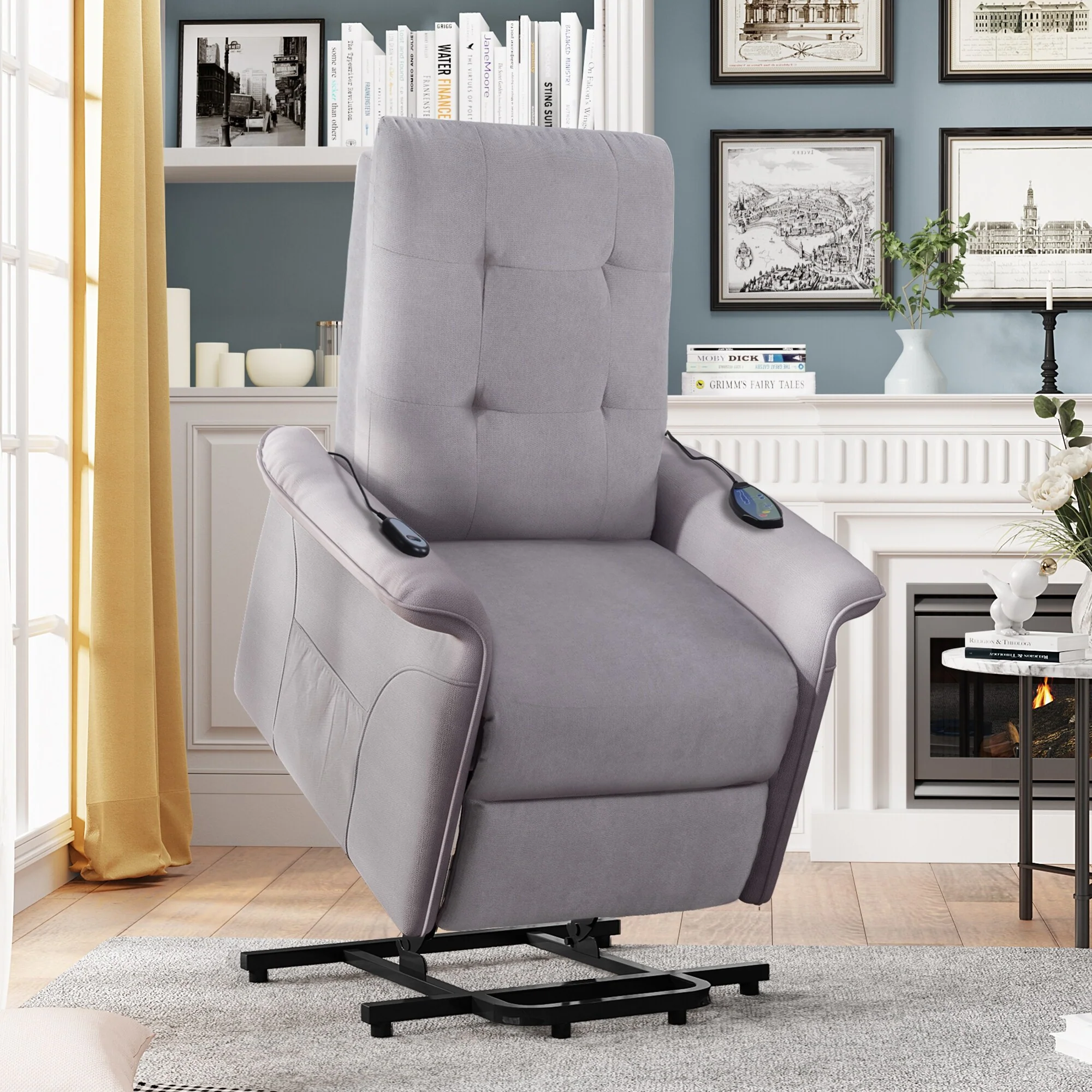 Grey Elderly Lift Recliner with Adjustable Massage, Overstuffed Cushioning, Remote Control, and Convenient Side Pockets